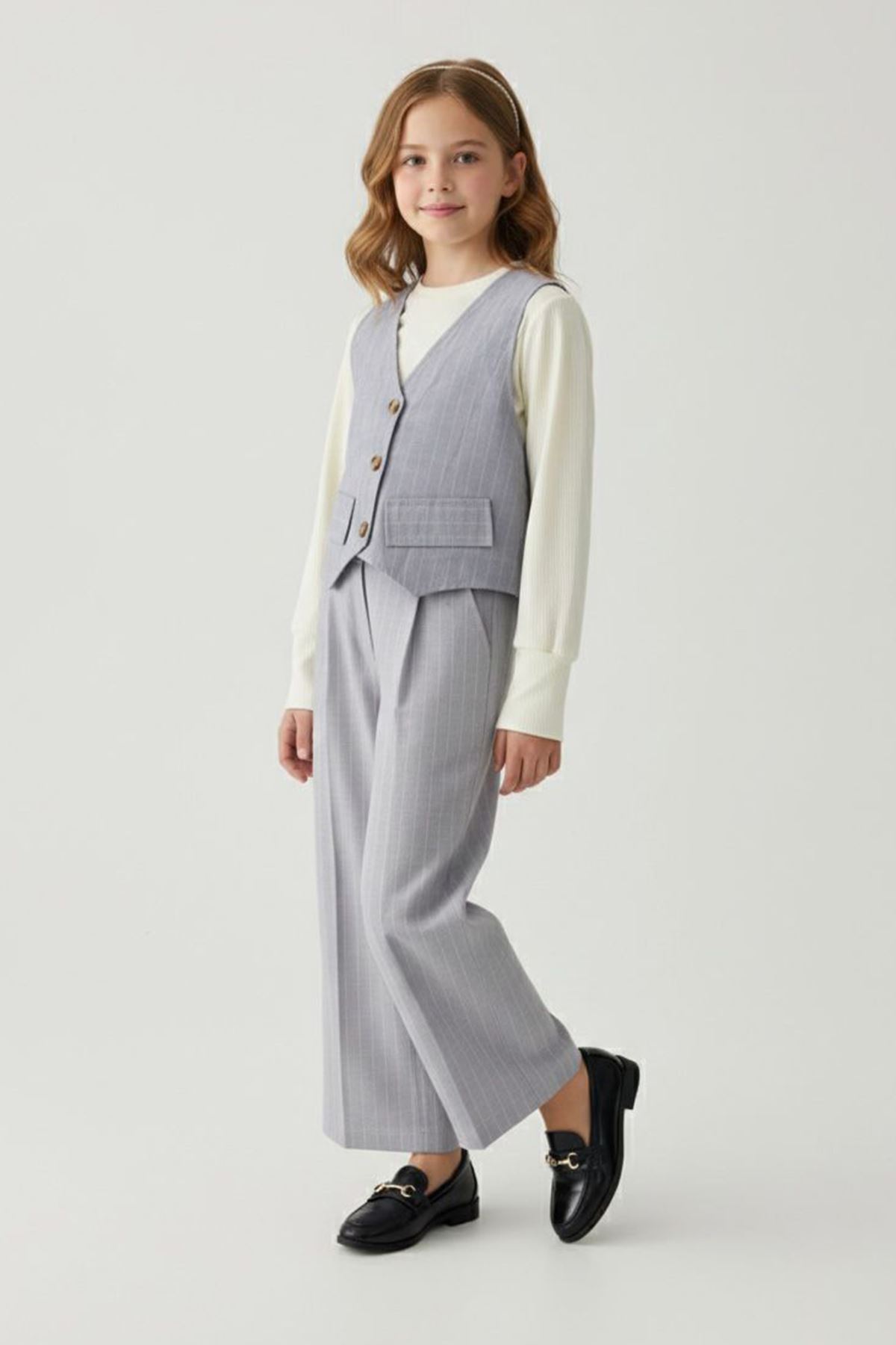 Miniğimin Cicileri (9-13 Yaş) Blazer Yelekli Çizgili 3 lü Kız Çocuk Takım - Gri