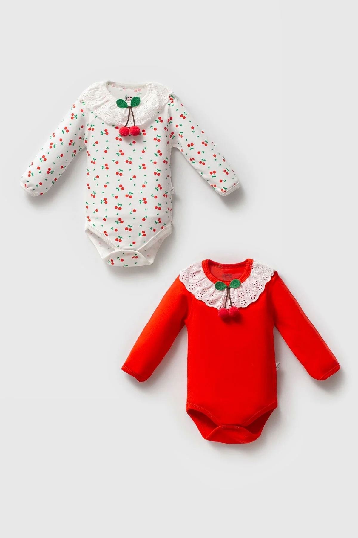 Miniğimin Cicileri Kiraz Desenli Dantelli Kız Bebek Body 4 Boy 2’li Takım - Kırmızı