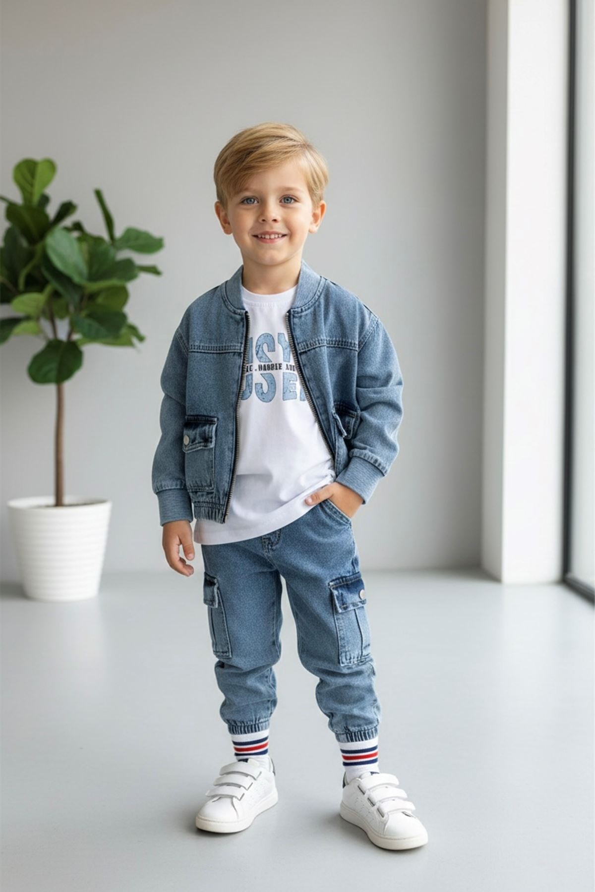 Miniğimin Cicileri Erkek Çocuk Kot Ceketli Spor Tişörtlü 3’lü Takım - Mavi