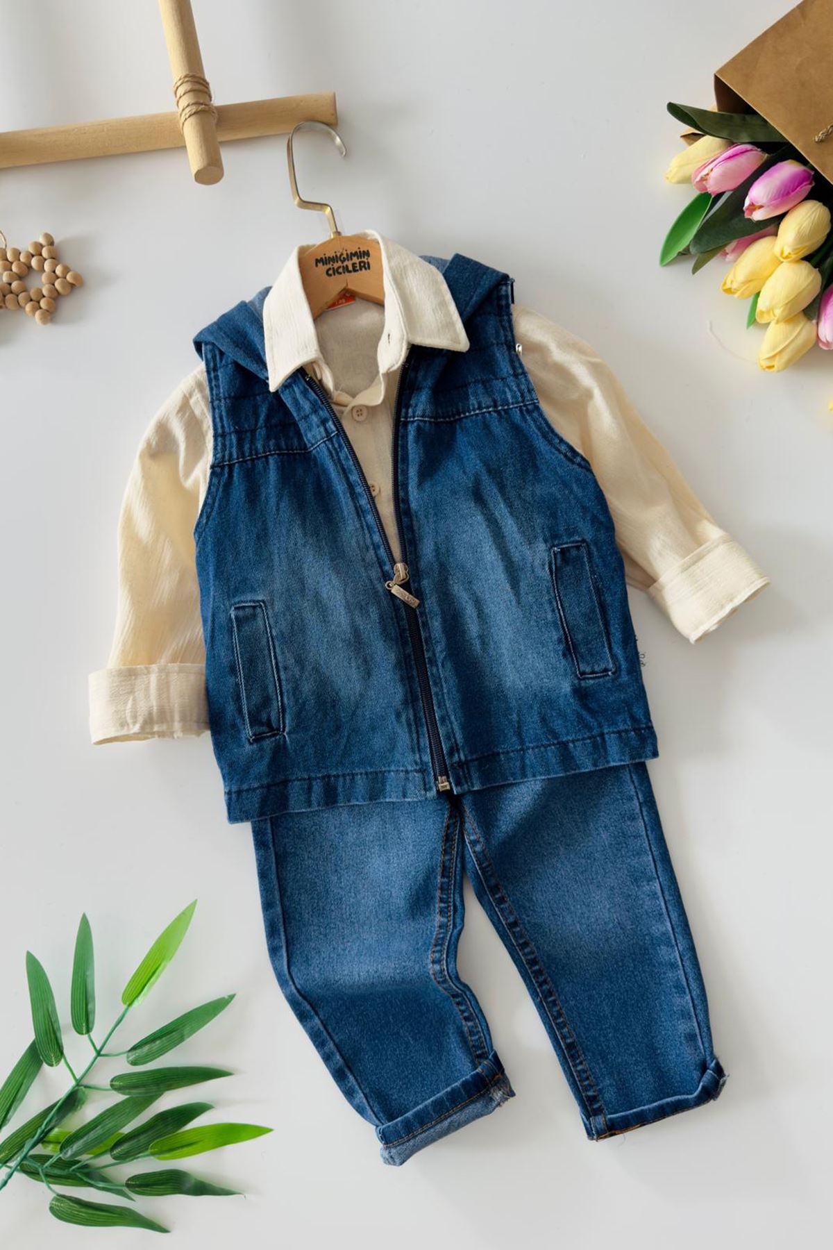 Miniğimin Cicileri Kot Yelekli Ceketli Erkek Çocuk 4 lü Takım - Çikolata