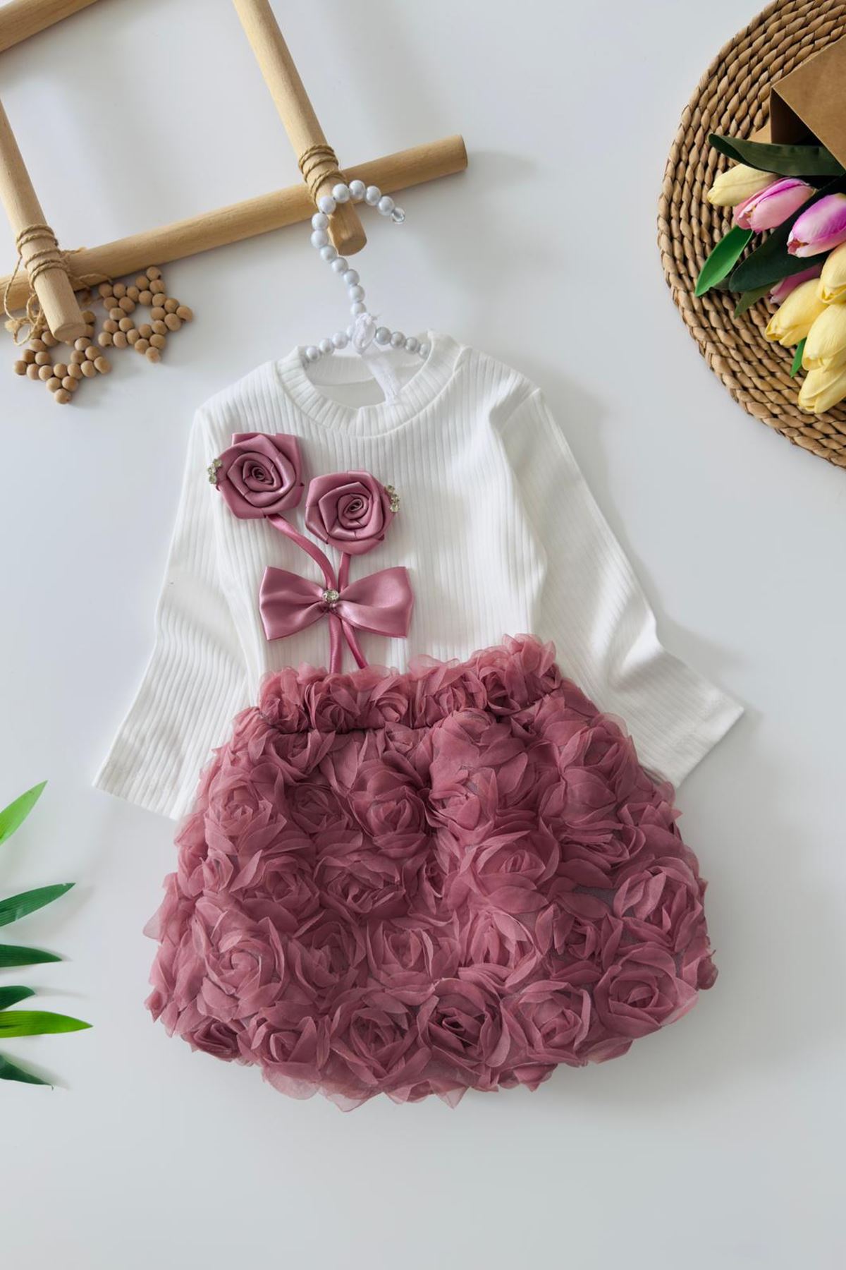 Miniğimin Cicileri 3D Çift Gül Detaylı Kız Çocuk Etekli Takım - Gül Kurusu