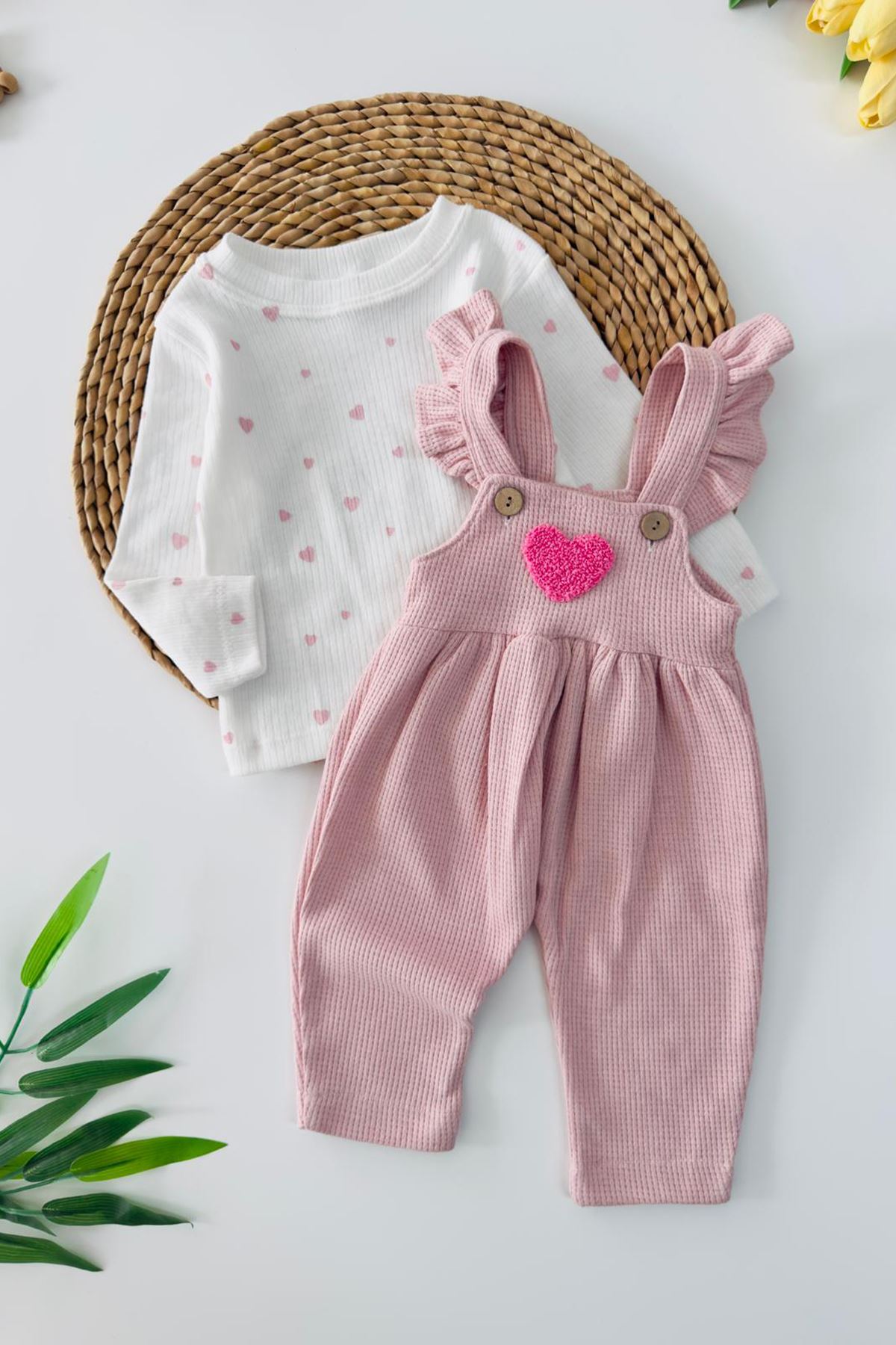 Miniğimin Cicileri Kalp Detaylı Kız Bebek 2 Li Tulum Takım - Pembe