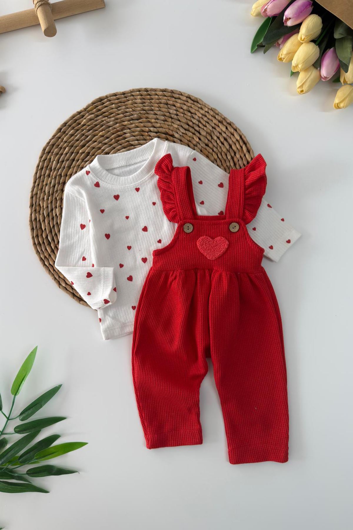 Miniğimin Cicileri Kalp Detaylı Kız Bebek 2 Li Tulum Takım - Kırmızı