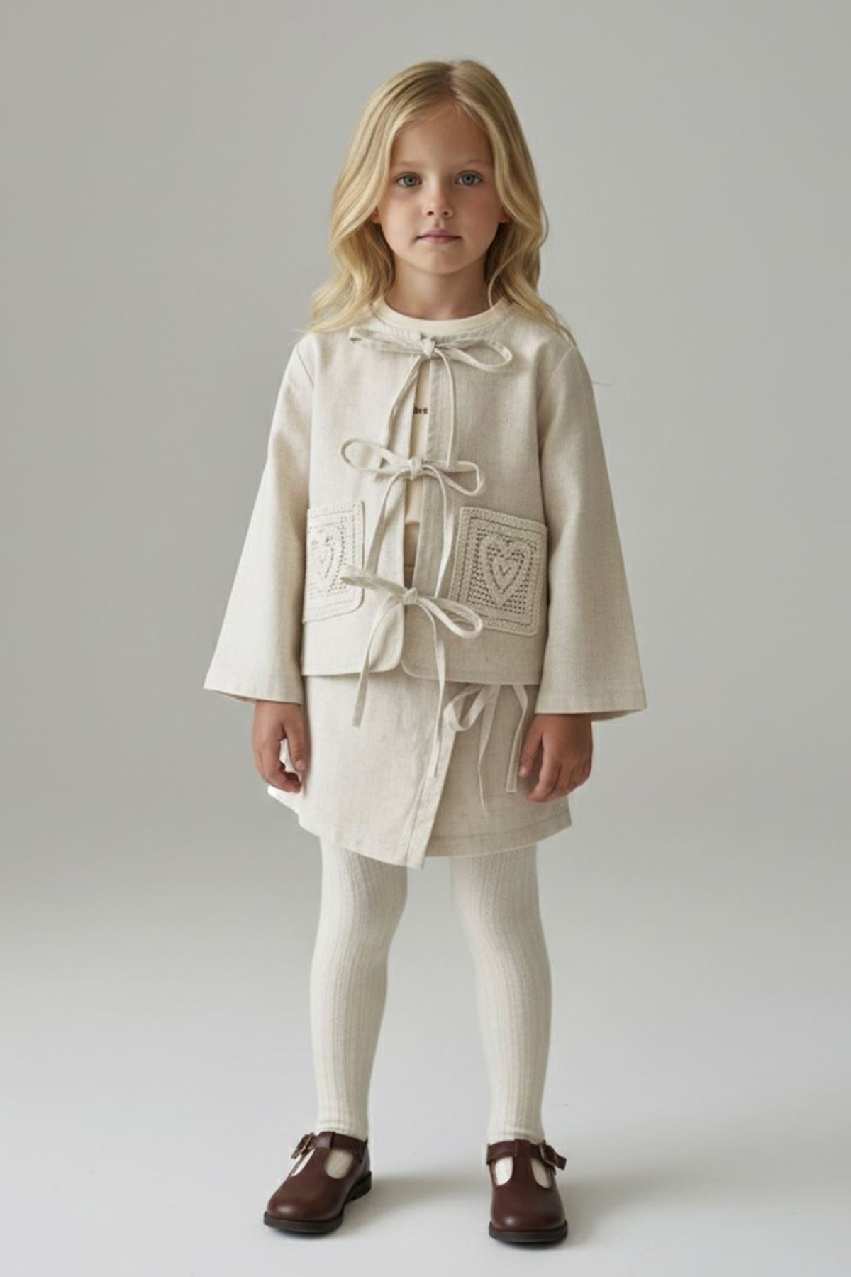 Miniğimin Cicileri Naturel Stil Örgü Cepli  Kız Çocuk Şortlu 3 lü Takım- Bej