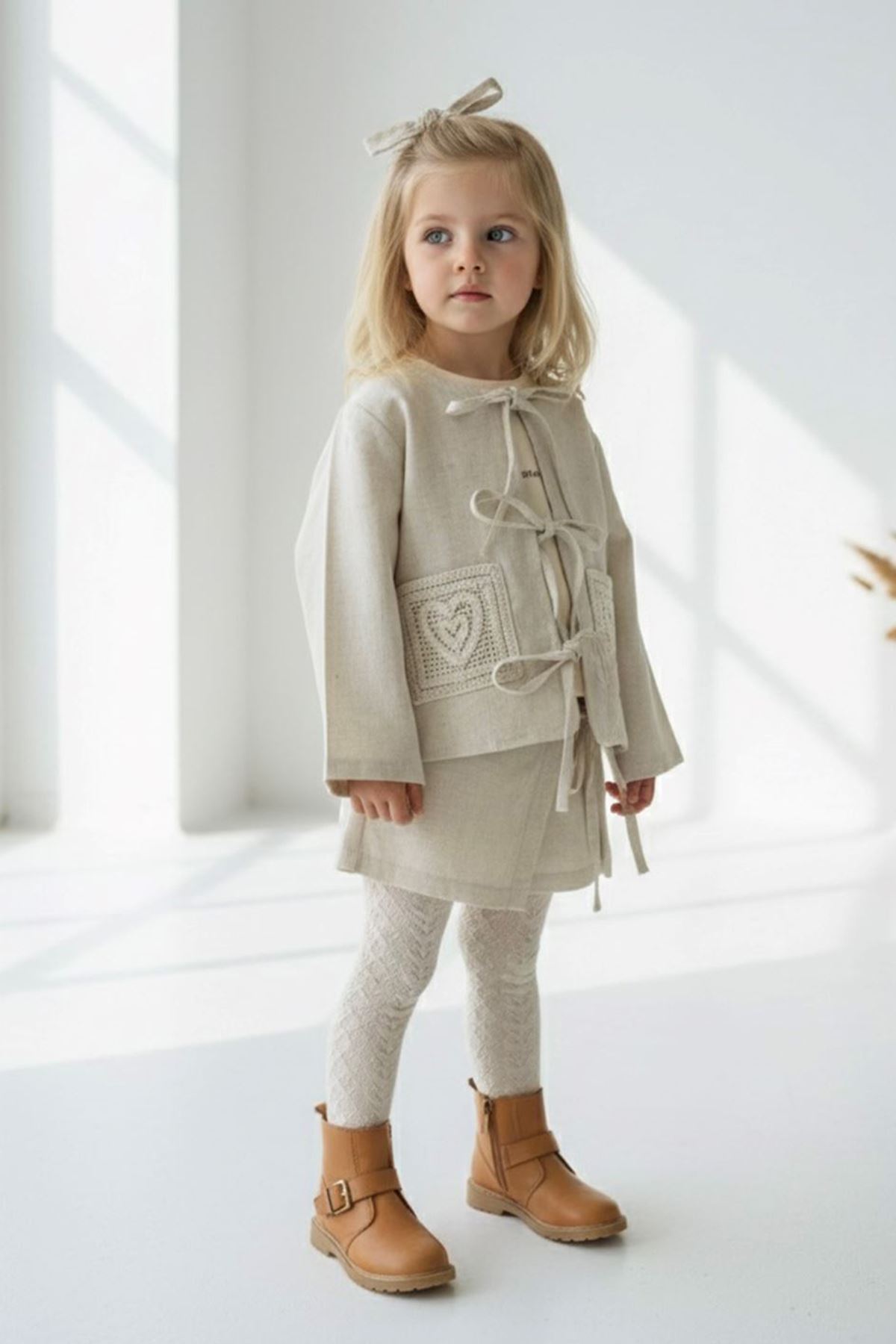 Miniğimin Cicileri Naturel Stil Örgü Cepli  Kız Çocuk Şortlu 3 lü Takım- Bej