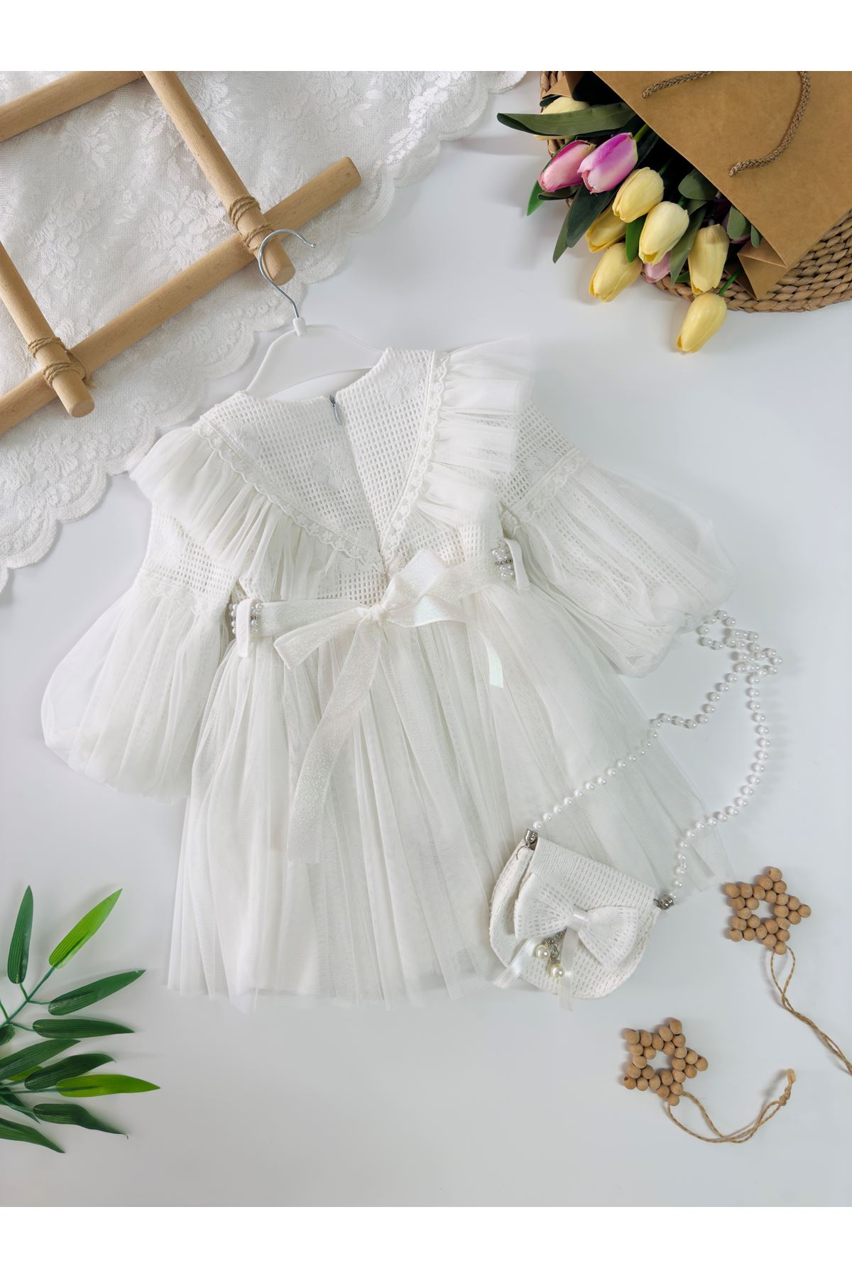 Miniğimin Cicileri Prenses İncili Tül Detaylı Çantalı Kız Çocuk Elbise - Beyaz