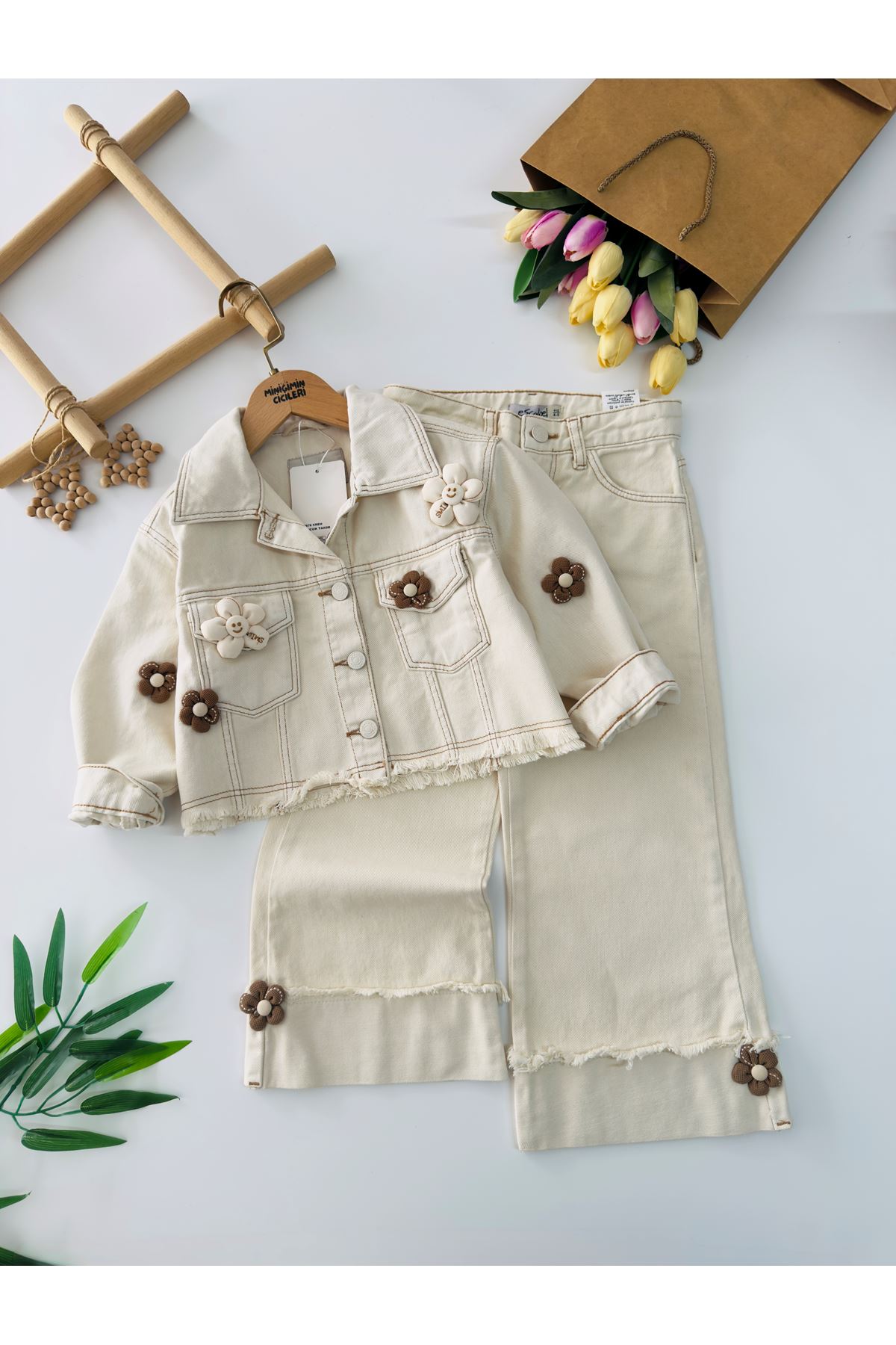 Miniğimin Cicileri Premium Papatya Desenli Kız Çocuk 2 li Takım - Bej