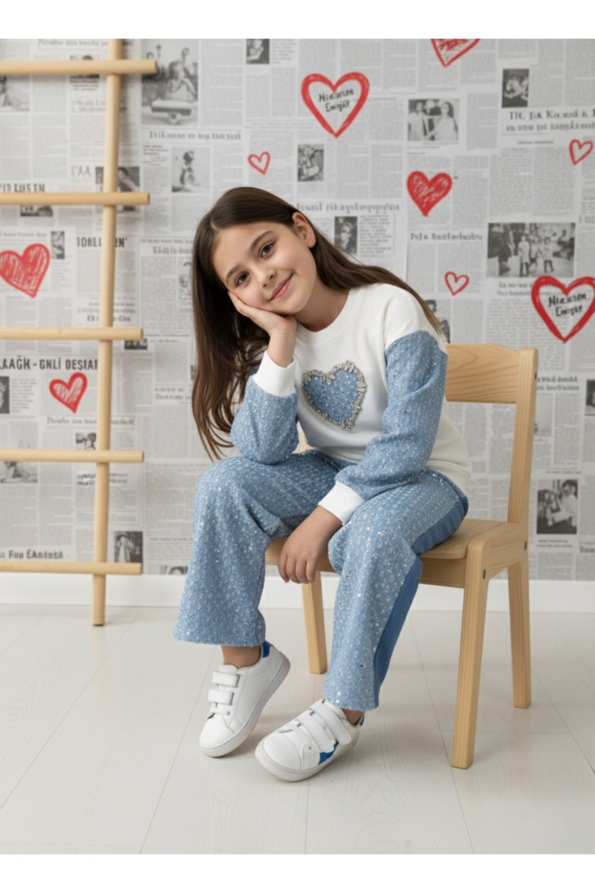 Miniğimin Cicileri Kalp Detaylı Payetli Kot Pantolonlu Kız Çocuk 2 li Takım - Beyaz