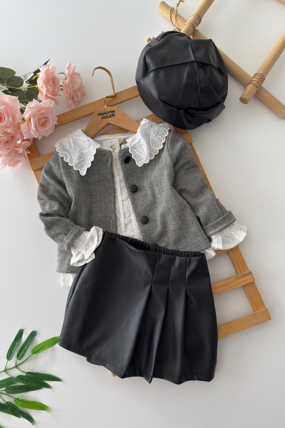 Miniğimin Cicileri Deri Şort Etekli Desenli Gömlekli Kaşe Kız Çocuk 4 lü Takım - Gri