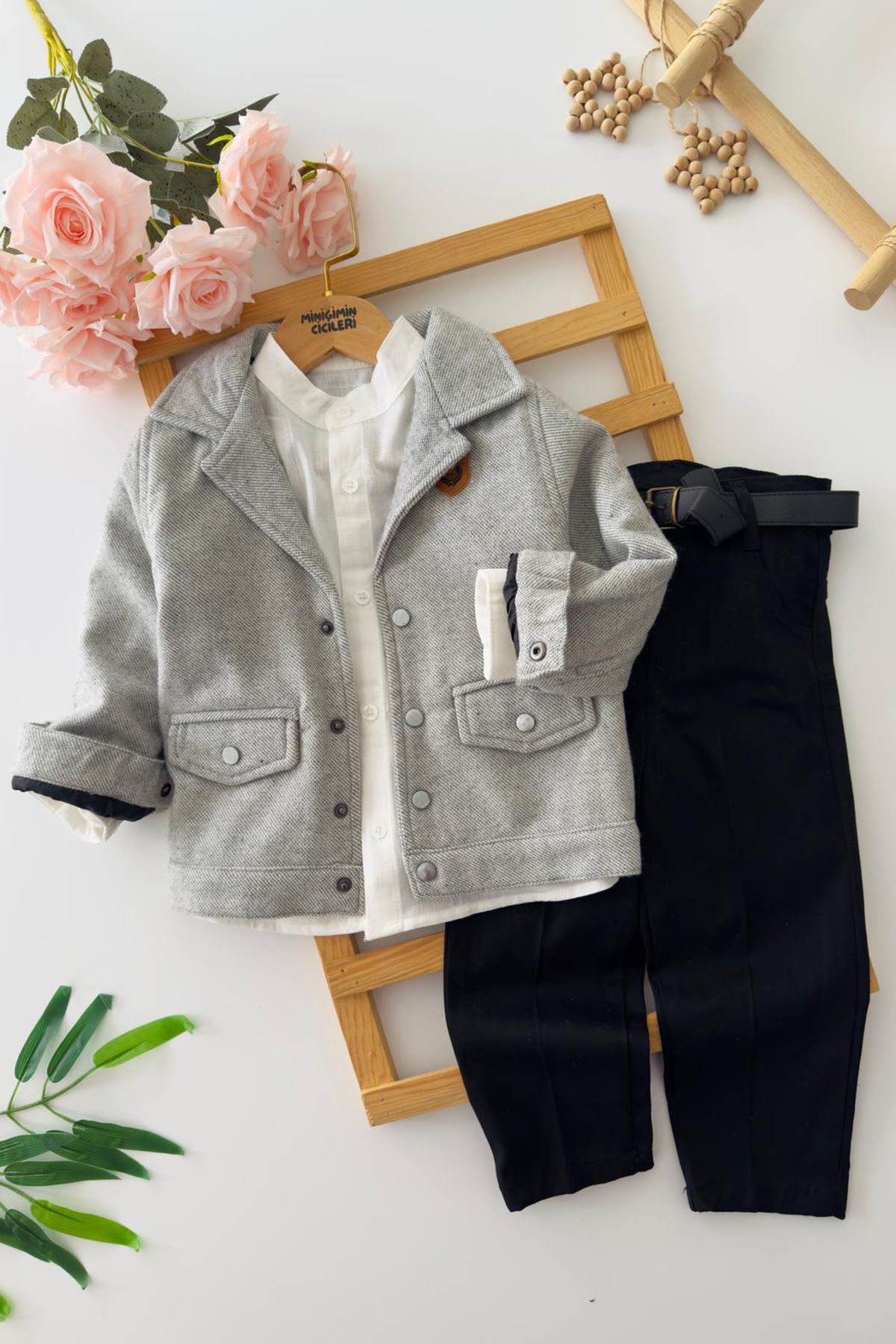 Miniğimin Cicileri Kaşe Hırkalı Kemerli Erkek Çocuk Takım - Gri