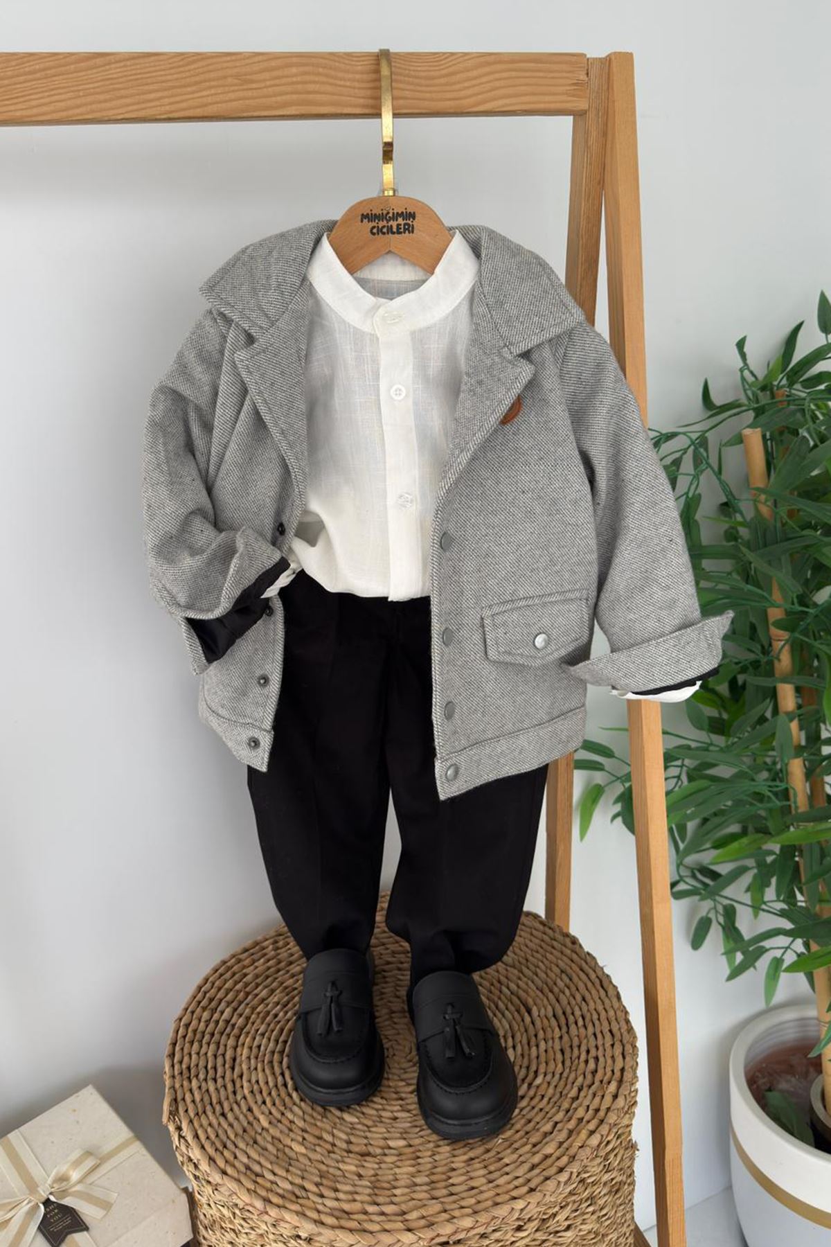 Miniğimin Cicileri Kaşe Hırkalı Kemerli Erkek Çocuk Takım - Gri