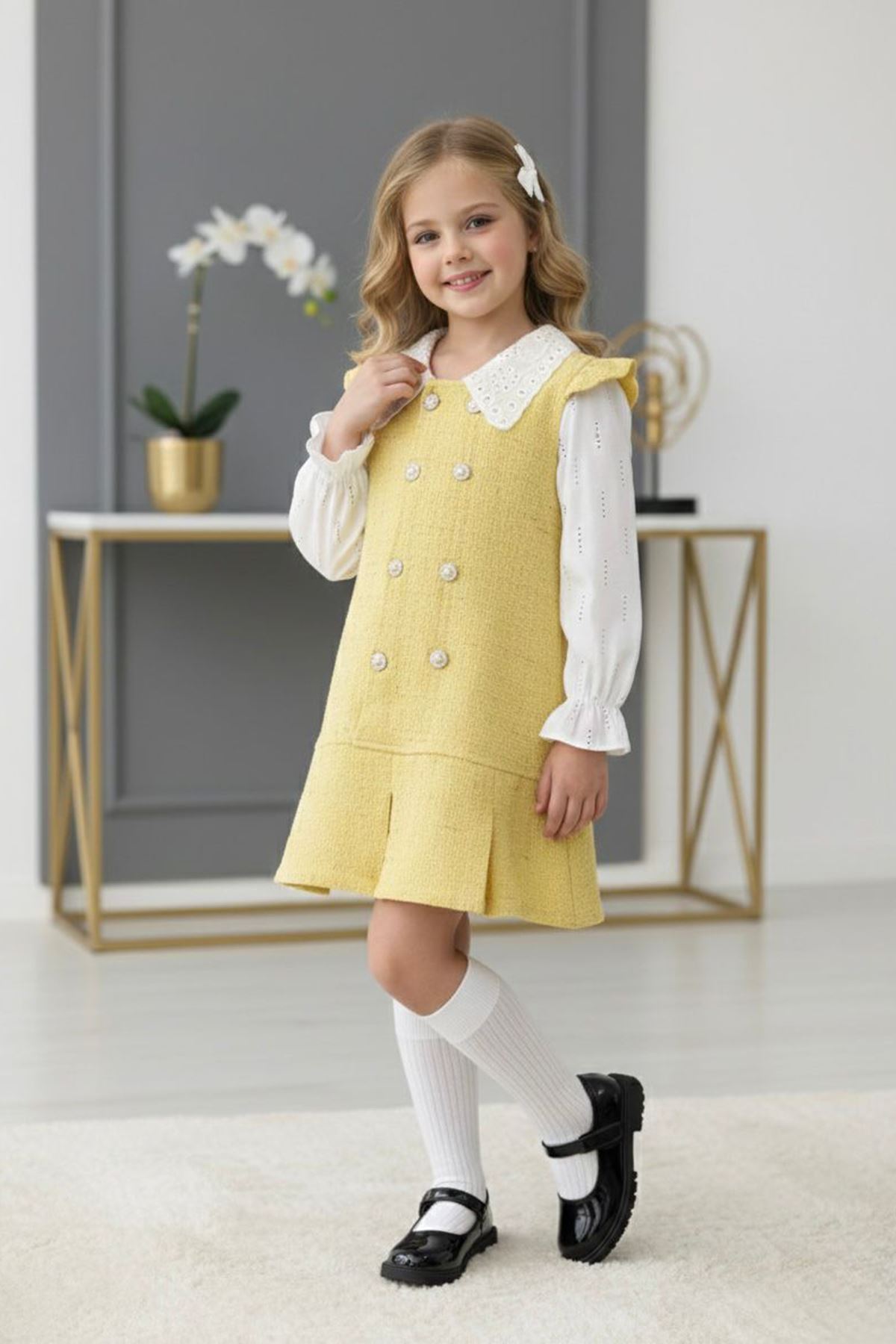 Miniğimin Cicileri Tüvit Düğmeli Kız Çocuk Taşlı Elbise - Sarı