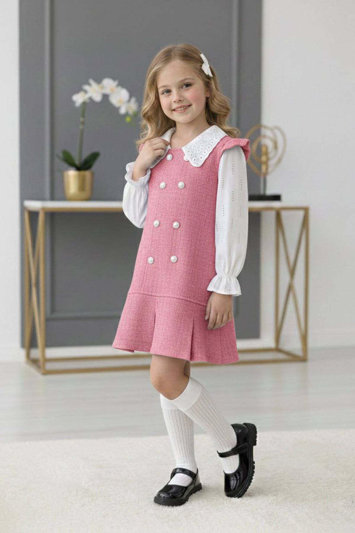 Miniğimin Cicileri Tüvit Düğmeli Kız Çocuk Taşlı Elbise - Pembe