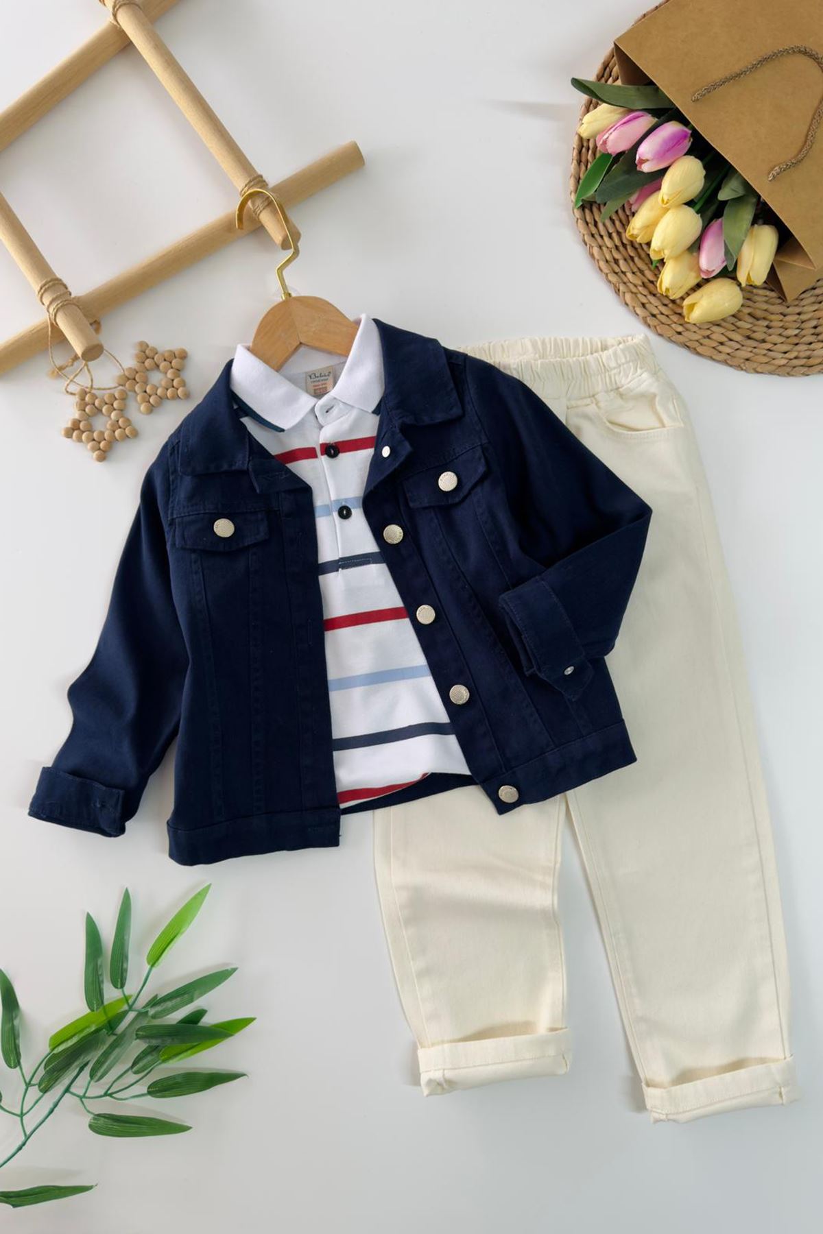 Miniğimin Cicileri Polo Yaka Çizgili Tişörtlü Ceketli Erkek Çocuk Spor Şık 3 lü Takım - Lacivert