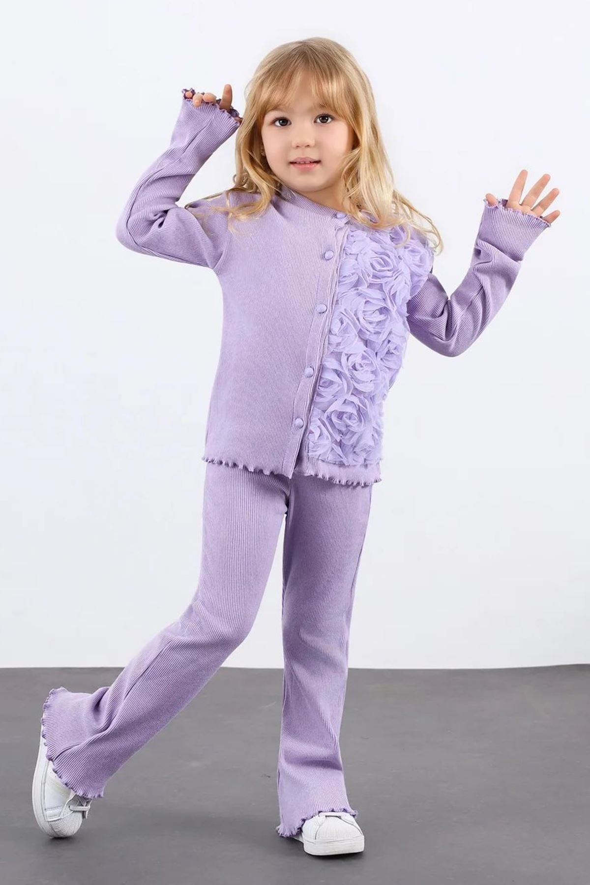 Miniğimin Cicileri Gül Aplike Hırkalı Kız Ribanadan Çocuk 2’li Takım - Lila