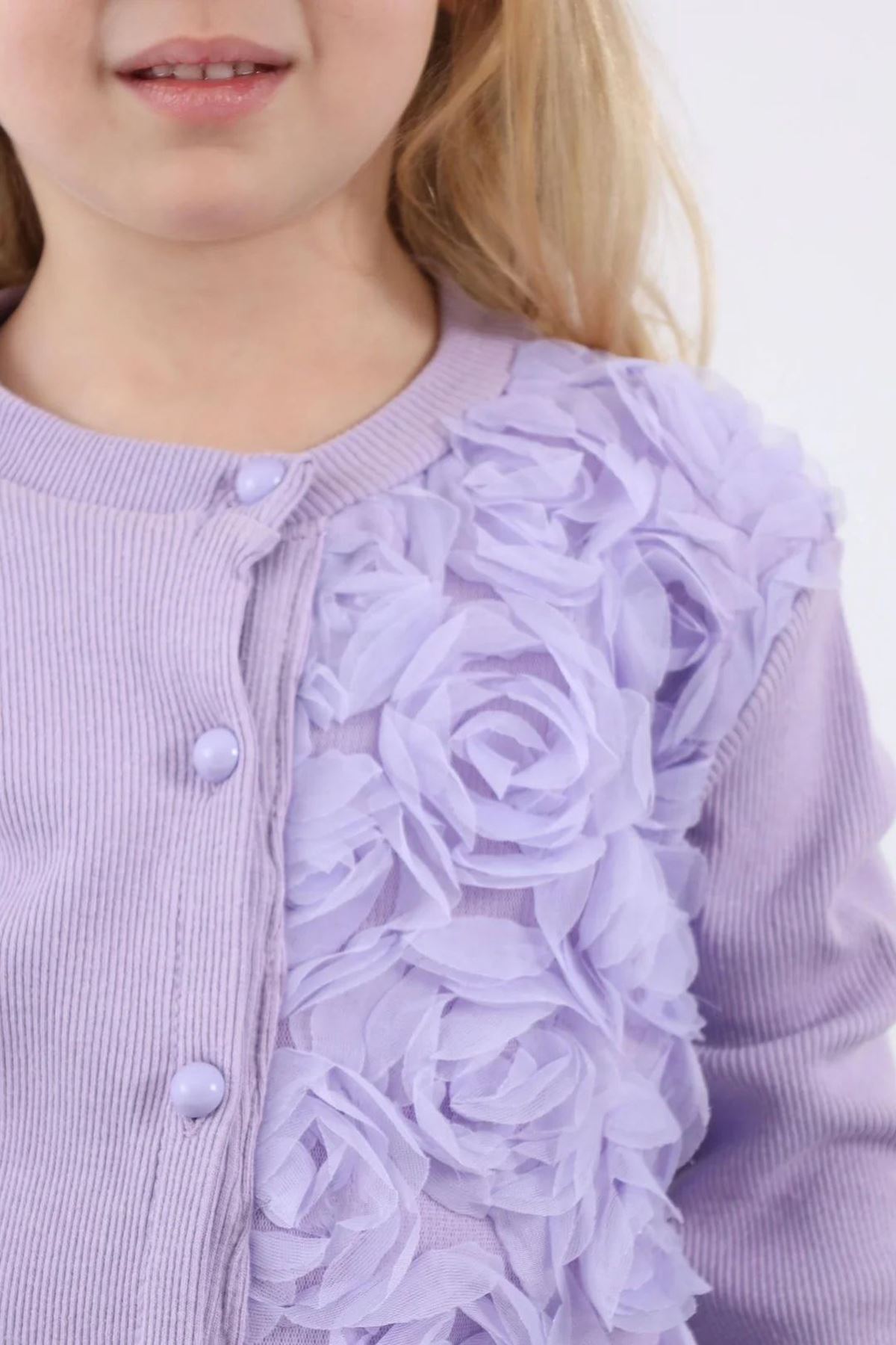 Miniğimin Cicileri Gül Aplike Hırkalı Kız Ribanadan Çocuk 2’li Takım - Lila