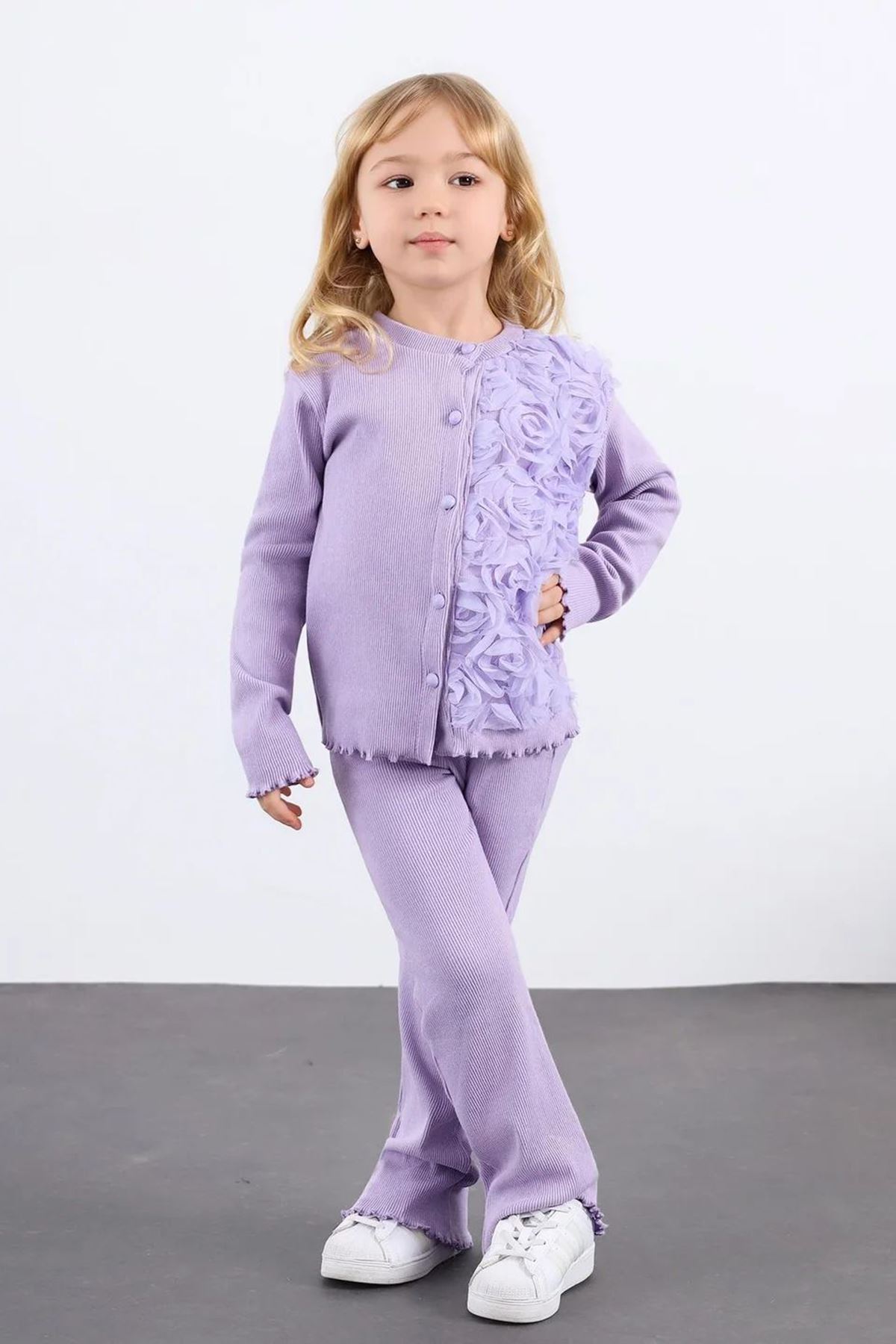 Miniğimin Cicileri Gül Aplike Hırkalı Kız Ribanadan Çocuk 2’li Takım - Lila