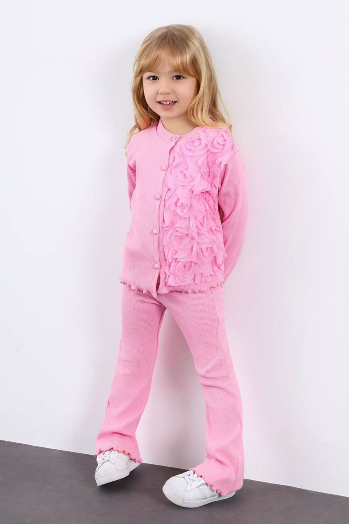 Miniğimin Cicileri Gül Aplike Hırkalı Kız Ribanadan Çocuk 2’li Takım - Pembe