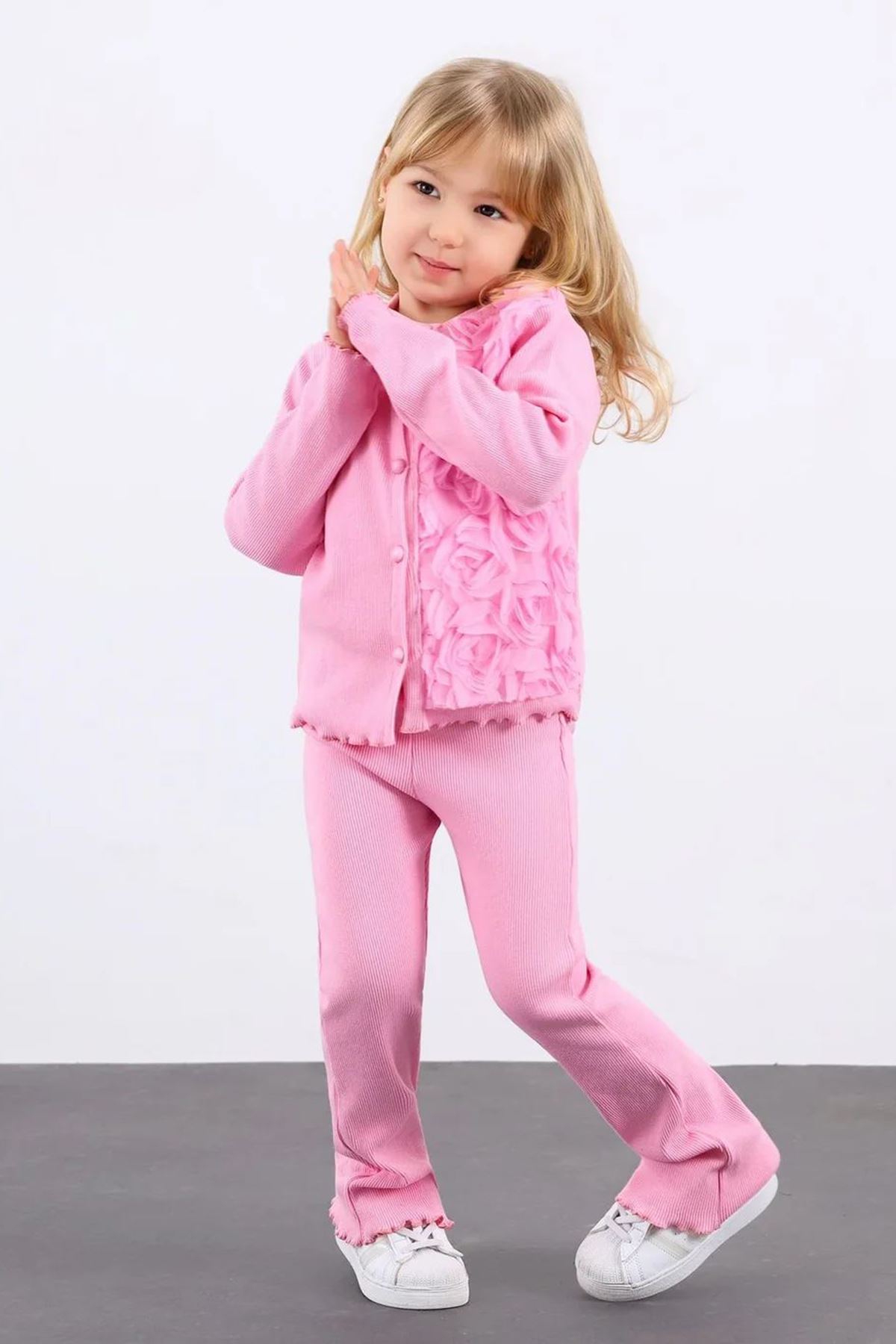 Miniğimin Cicileri Gül Aplike Hırkalı Kız Ribanadan Çocuk 2’li Takım - Pembe