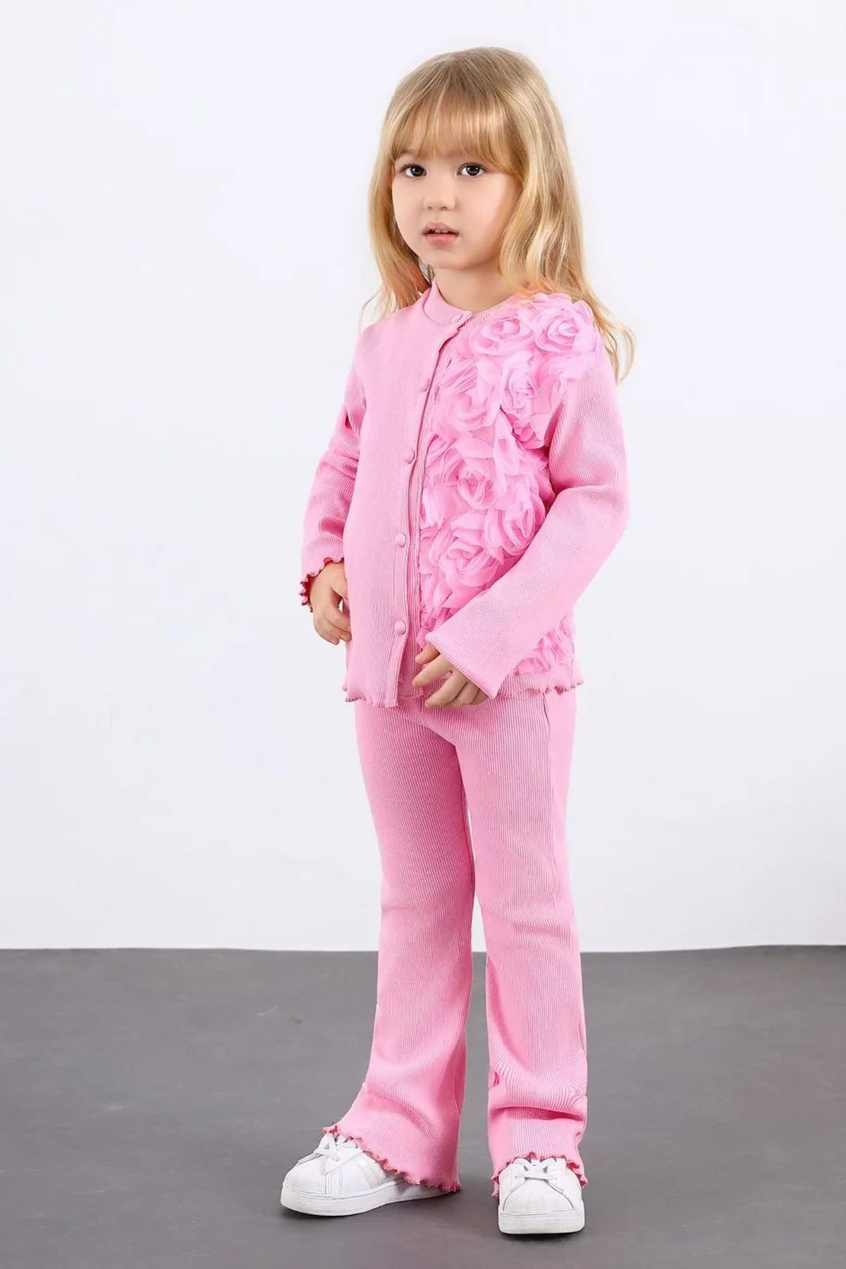 Miniğimin Cicileri Gül Aplike Hırkalı Kız Ribanadan Çocuk 2’li Takım - Pembe