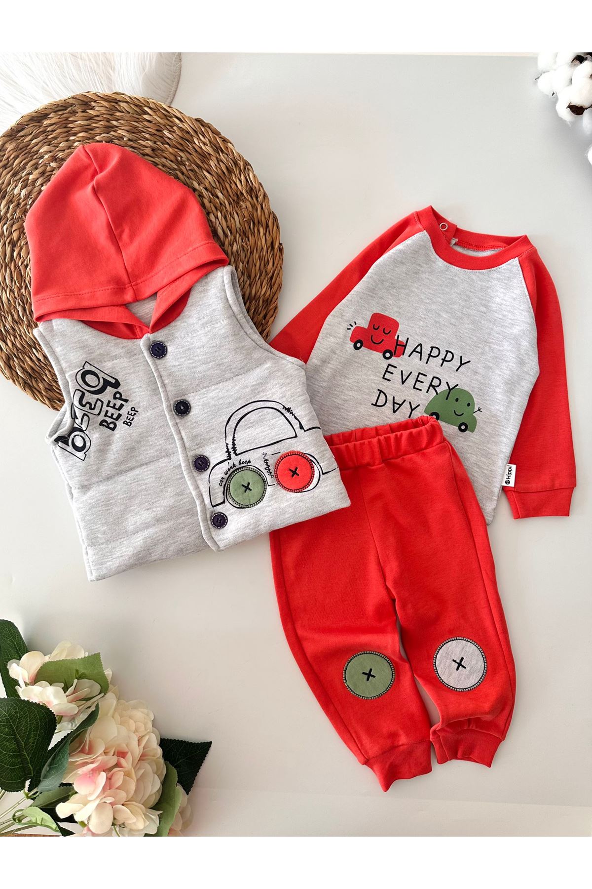 Miniğimin Cicileri Erkek Bebek Yelekli Kapüşonlu3 lü Takım - Turuncu