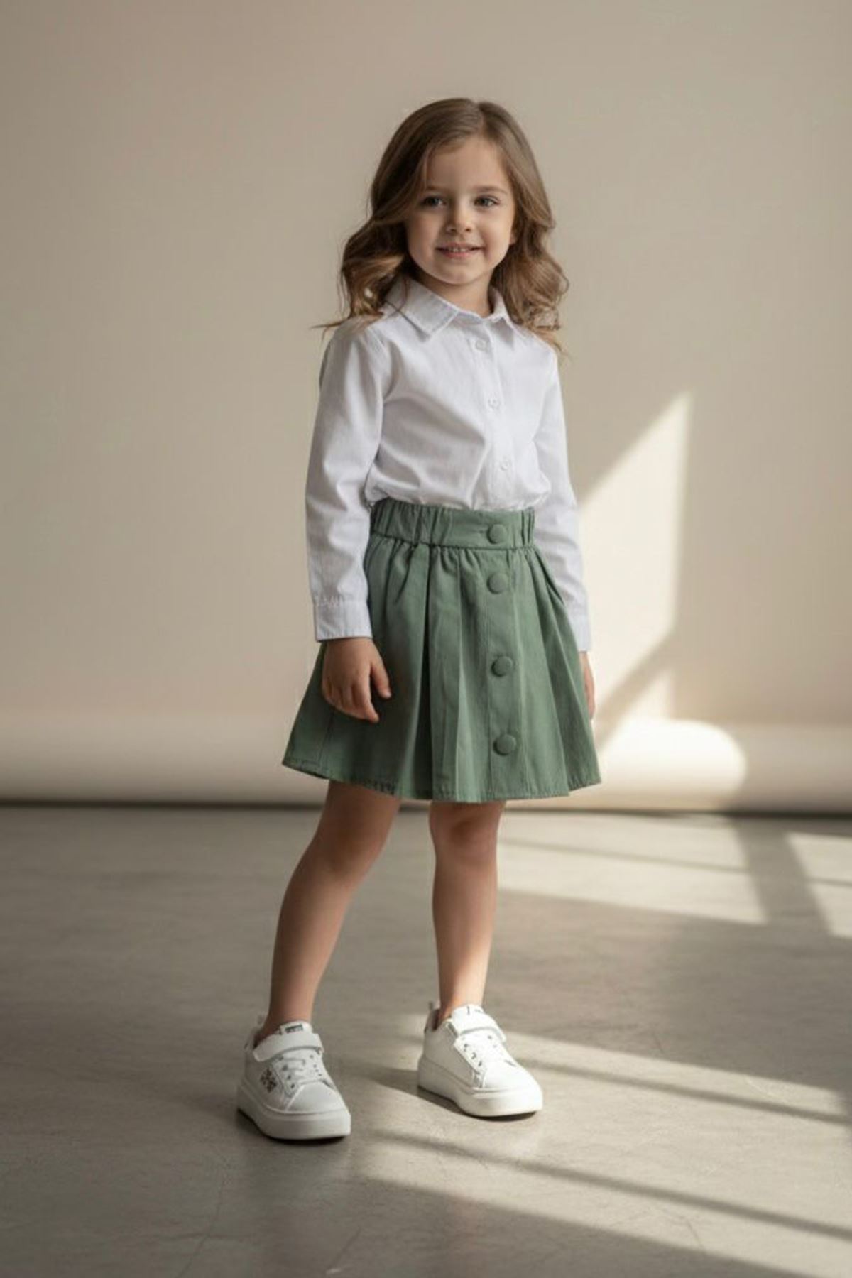 Miniğimin Cicileri Düğme Detaylı Etekli Gömlekli 2 li Kız Çocuk Takım - Yeşil