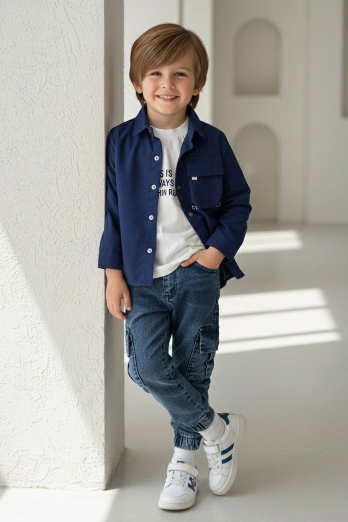 Miniğimin Cicileri Kargo Cepli 3 lü Gömlekli Erkek Çocuk Takım - Mavi