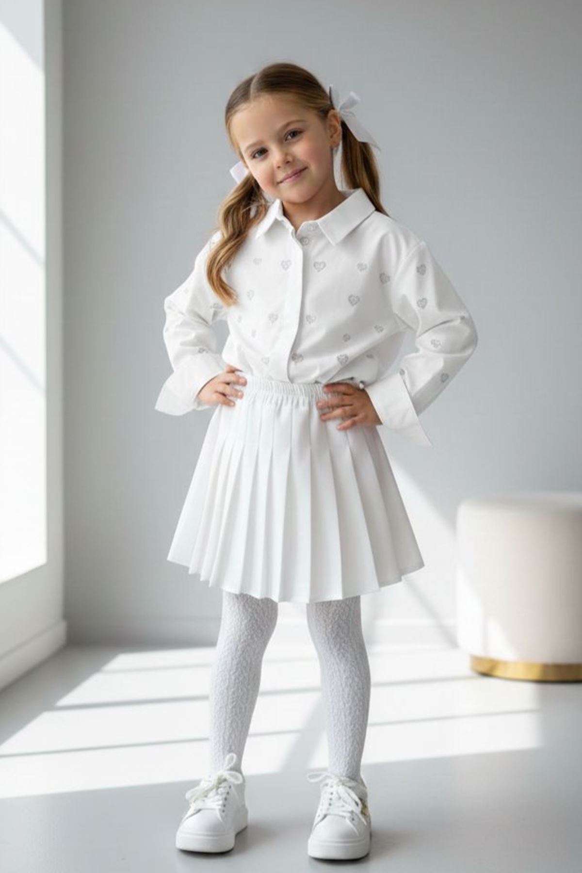 Miniğimin Cicileri Minik Kalp Taşlı Kız Çocuk Tek Gömlek - Beyaz