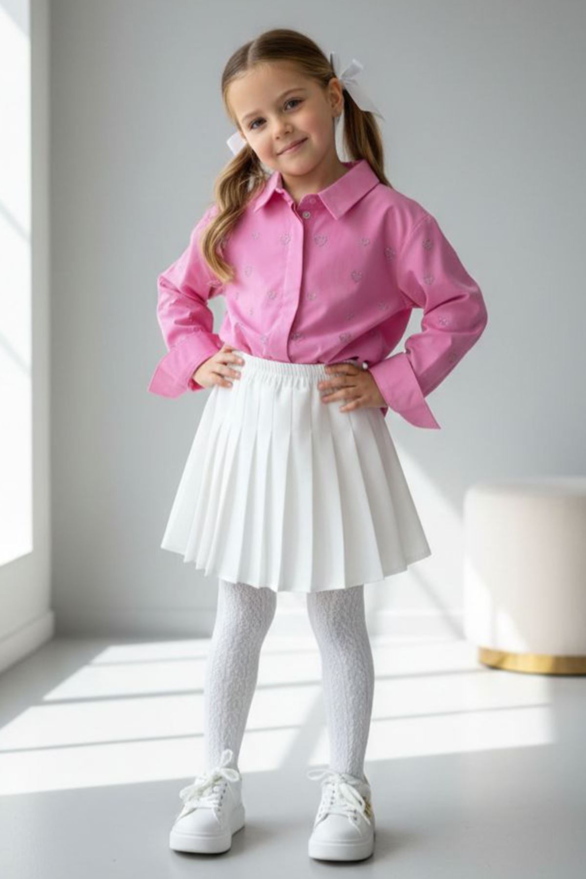 Miniğimin Cicileri Minik Kalp Taşlı Kız Çocuk Tek Gömlek - Fuşya