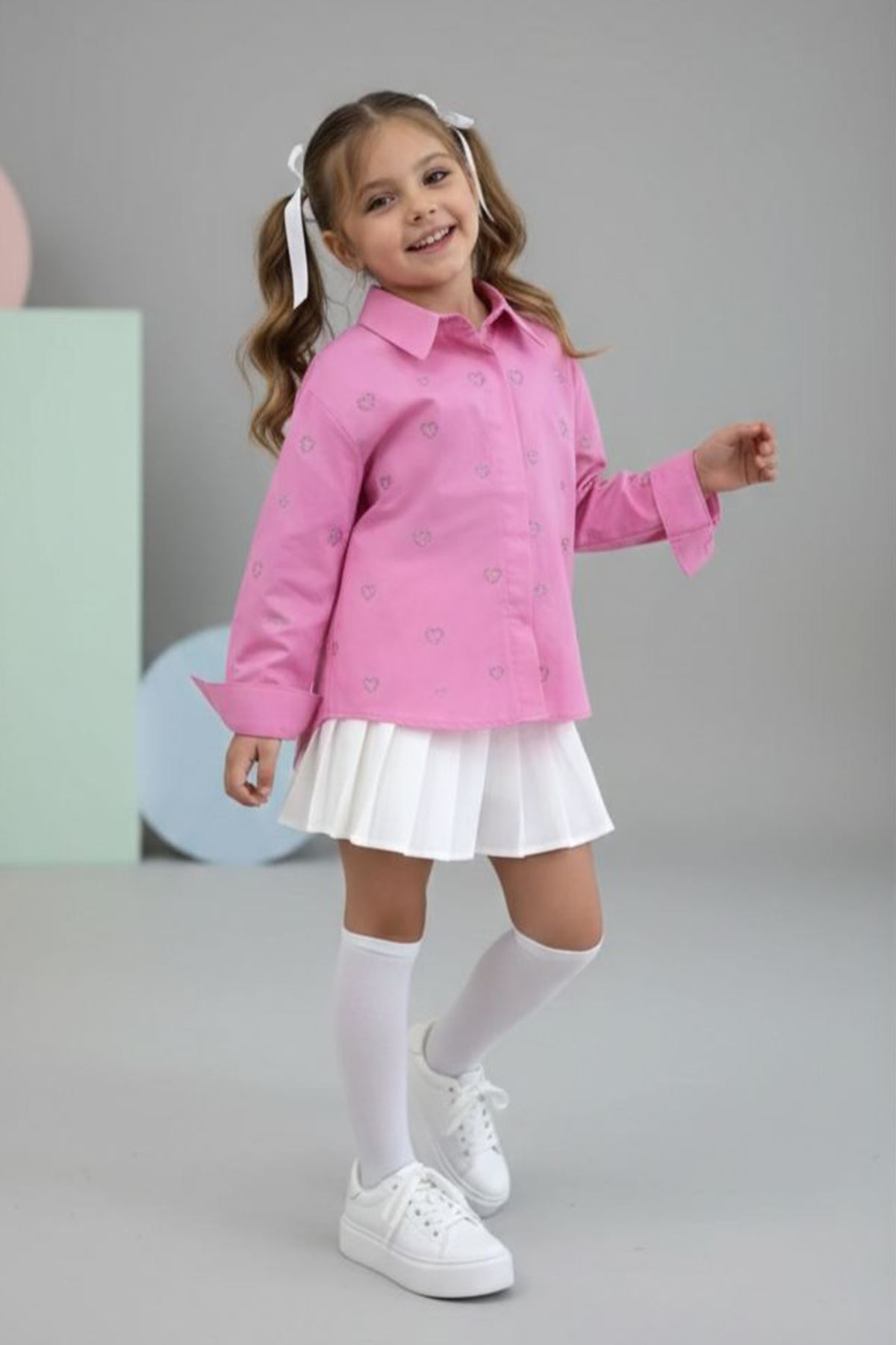 Miniğimin Cicileri Minik Kalp Taşlı Kız Çocuk Tek Gömlek - Fuşya