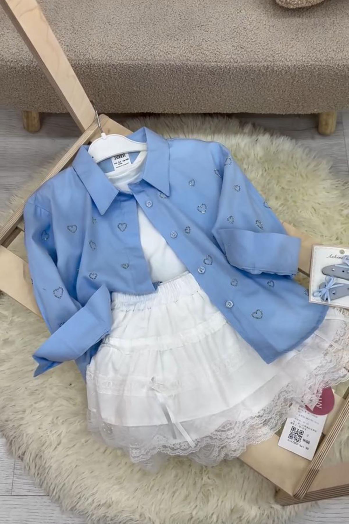 Miniğimin Cicileri Minik Kalp Taşlı Kız Çocuk Tek Gömlek - Mavi