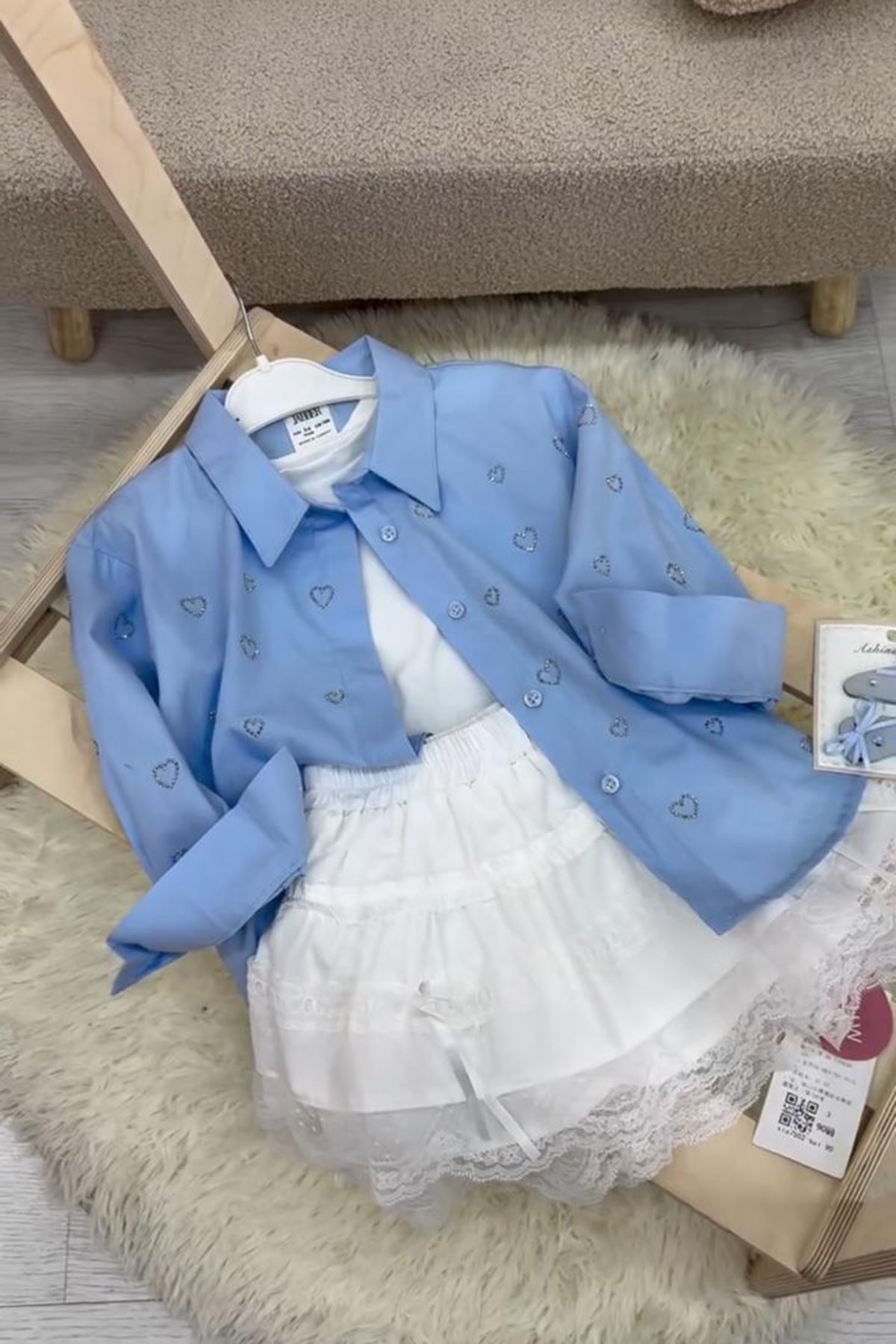 Miniğimin Cicileri Minik Kalp Taşlı Kız Çocuk Tek Gömlek - Mavi