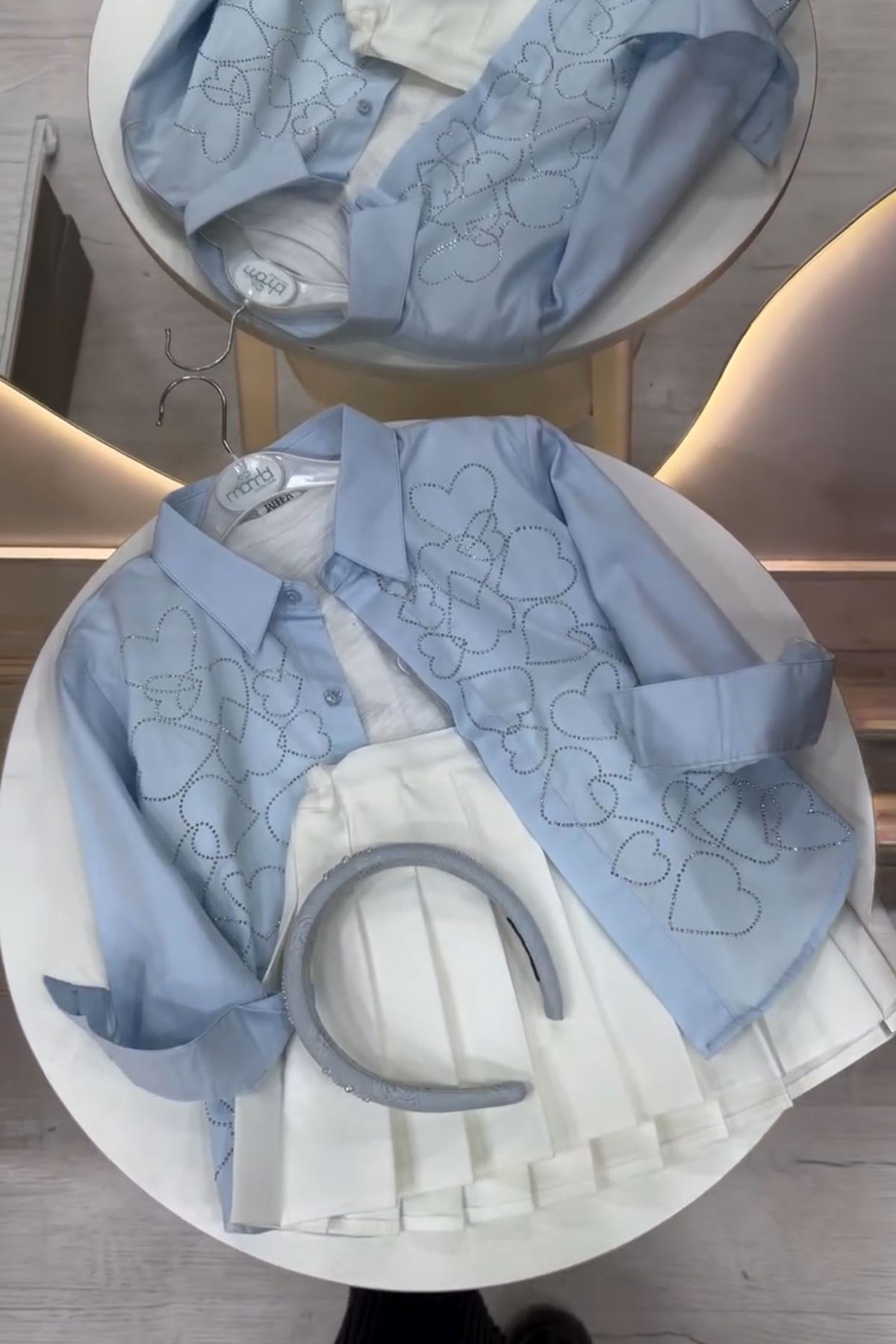 Miniğimin Cicileri Büyük Kalp Taş Desenli Kız Çocuk Gömlek - Mavi