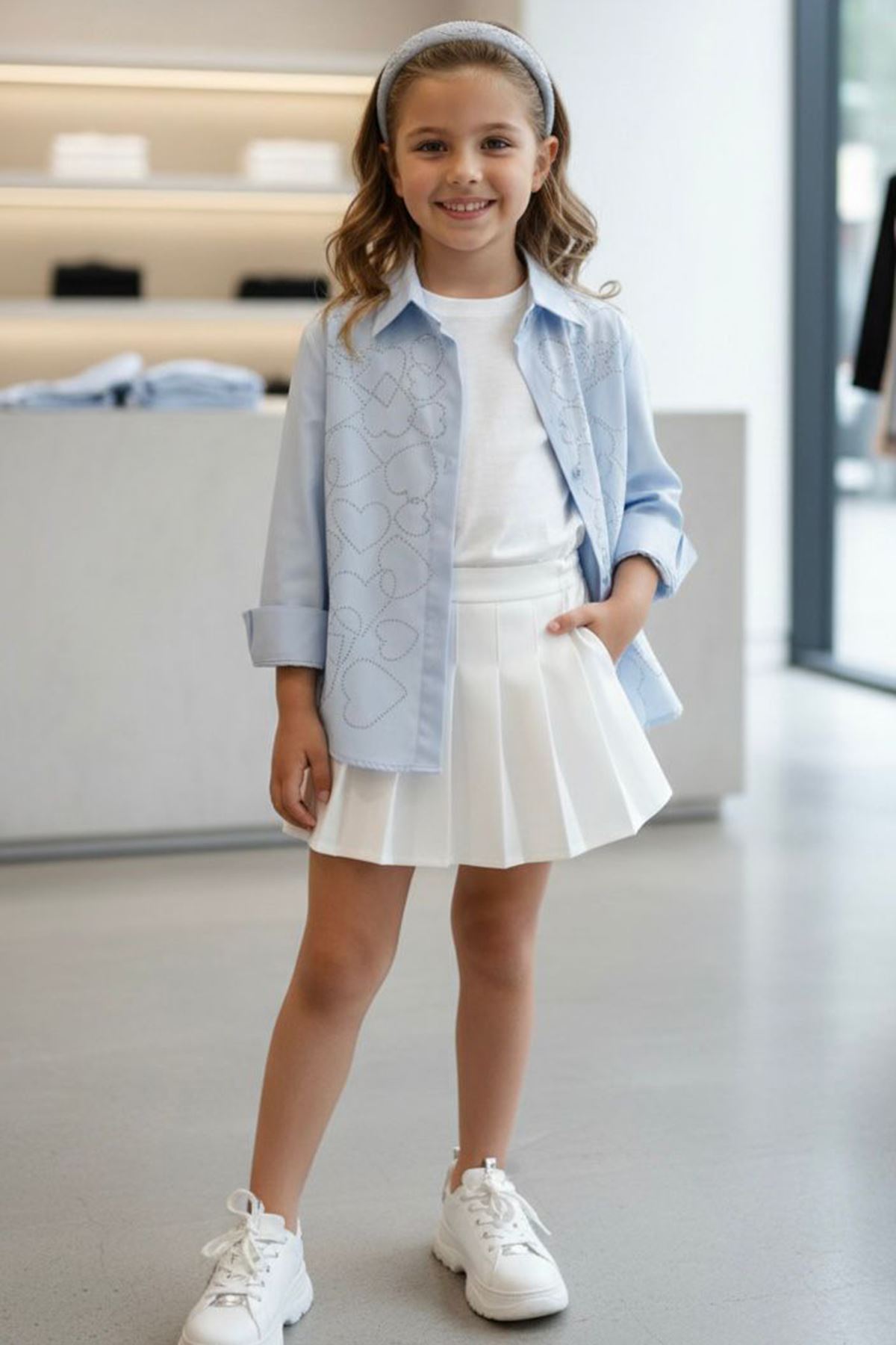 Miniğimin Cicileri Büyük Kalp Taş Desenli Kız Çocuk Gömlek - Mavi