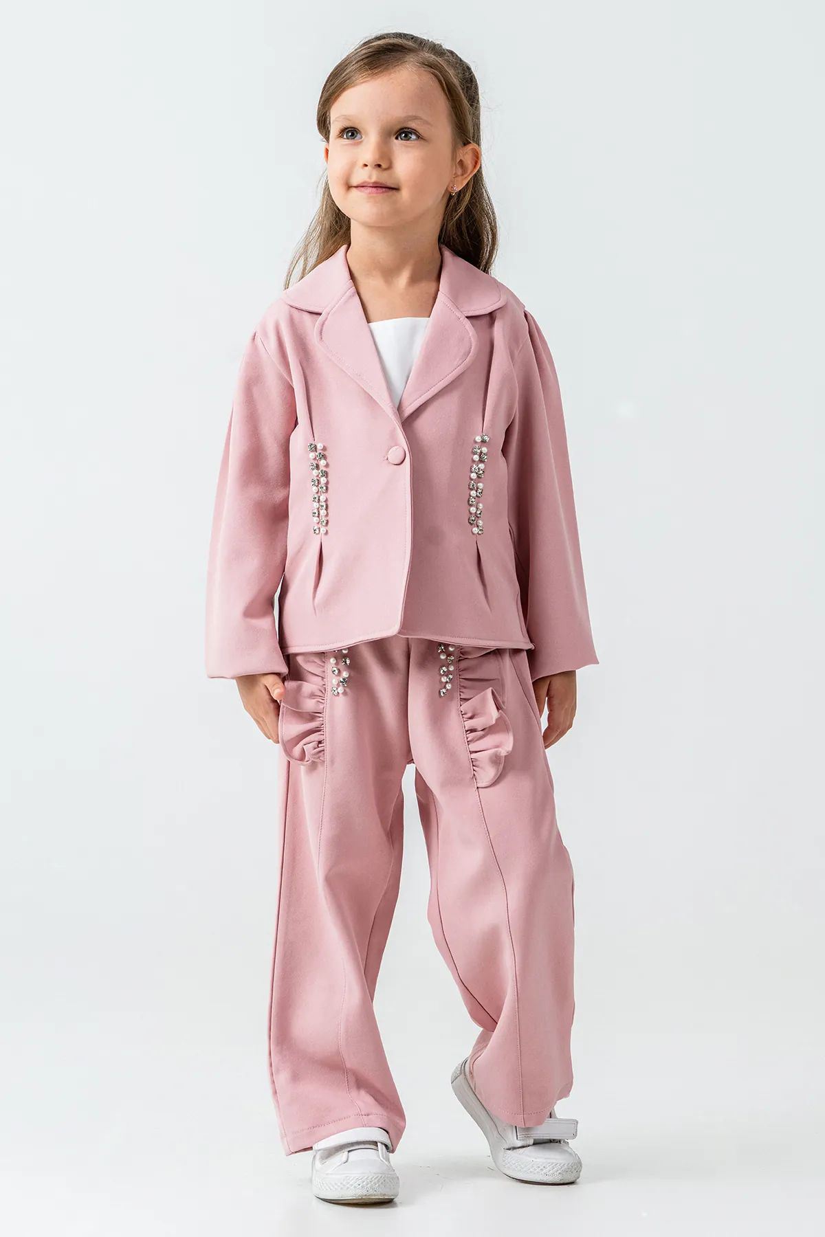 Miniğimin Cicileri Taşlı Ceketli 3 lü Kız Çocuk Takım - Pudra