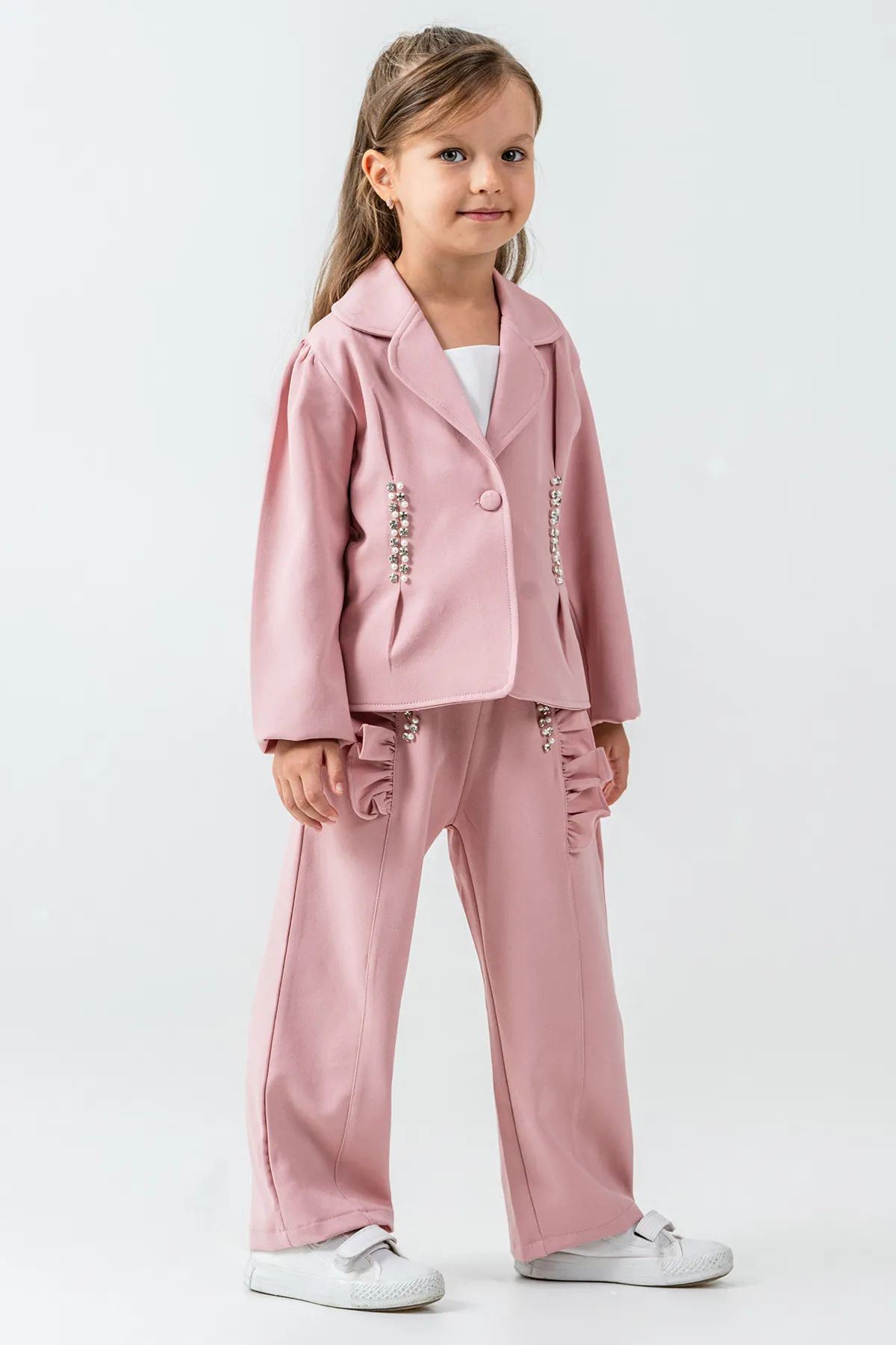 Miniğimin Cicileri Taşlı Ceketli 3 lü Kız Çocuk Takım - Pudra
