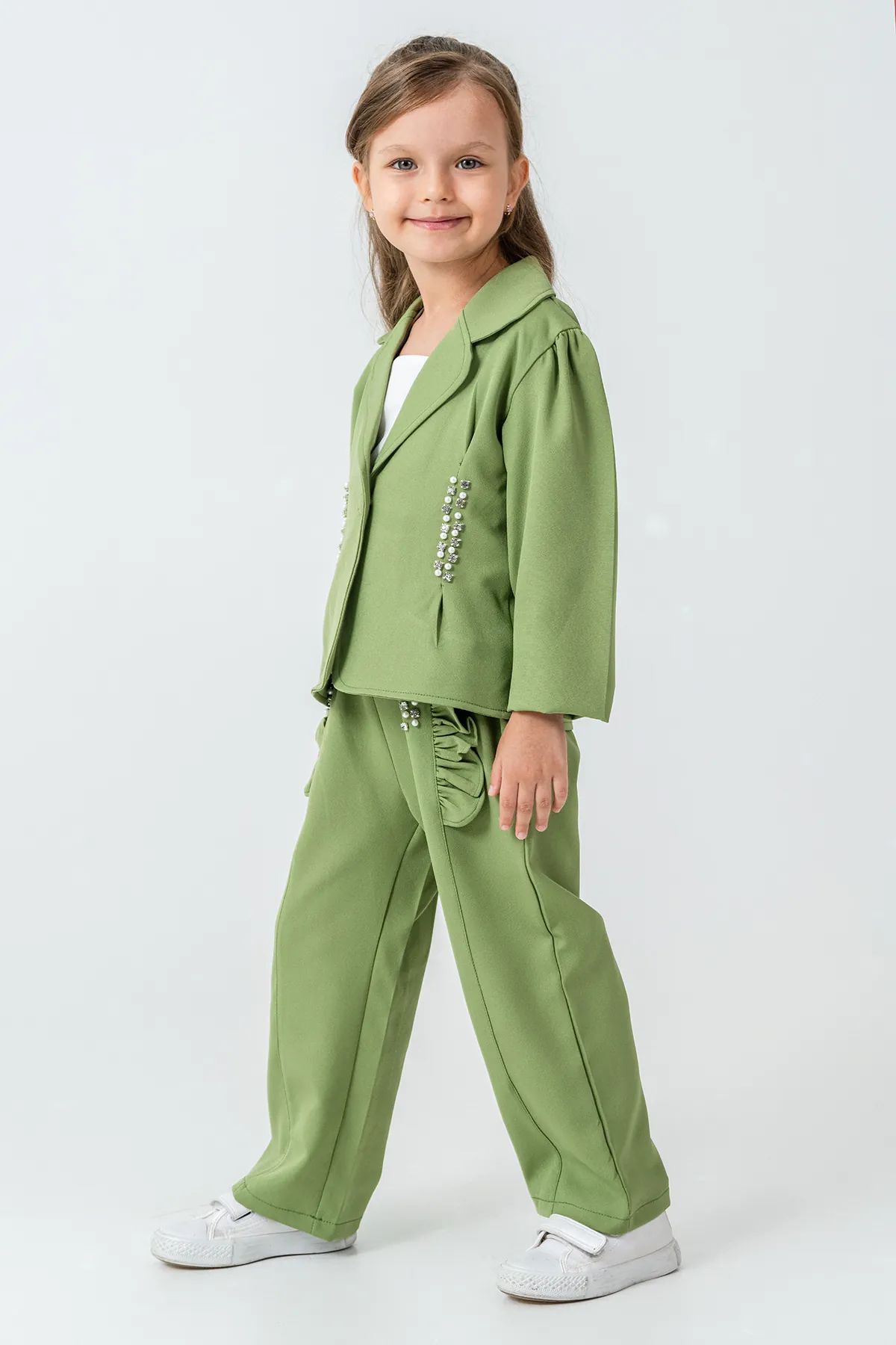 Miniğimin Cicileri Taşlı Ceketli 3 lü Kız Çocuk Takım - Yeşil