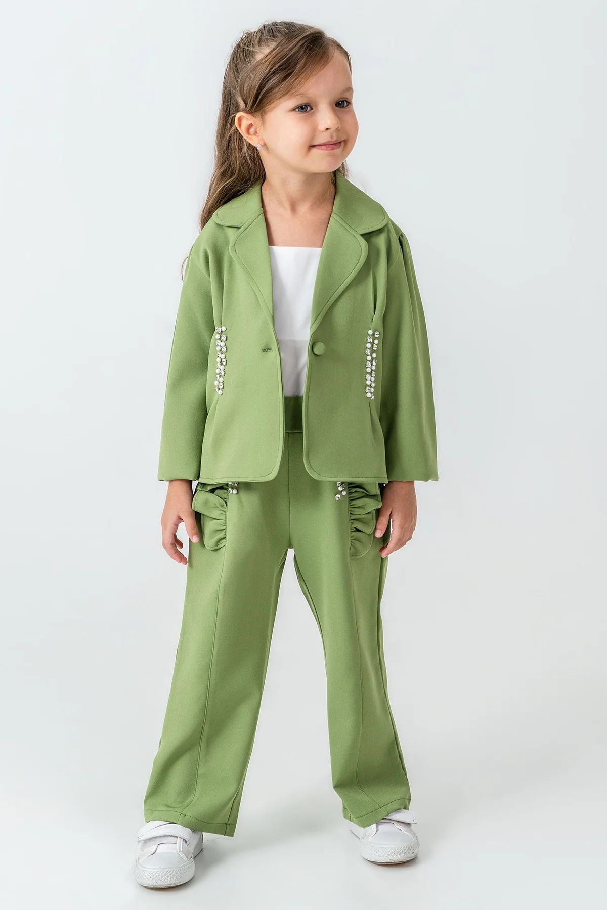 Miniğimin Cicileri Taşlı Ceketli 3 lü Kız Çocuk Takım - Yeşil