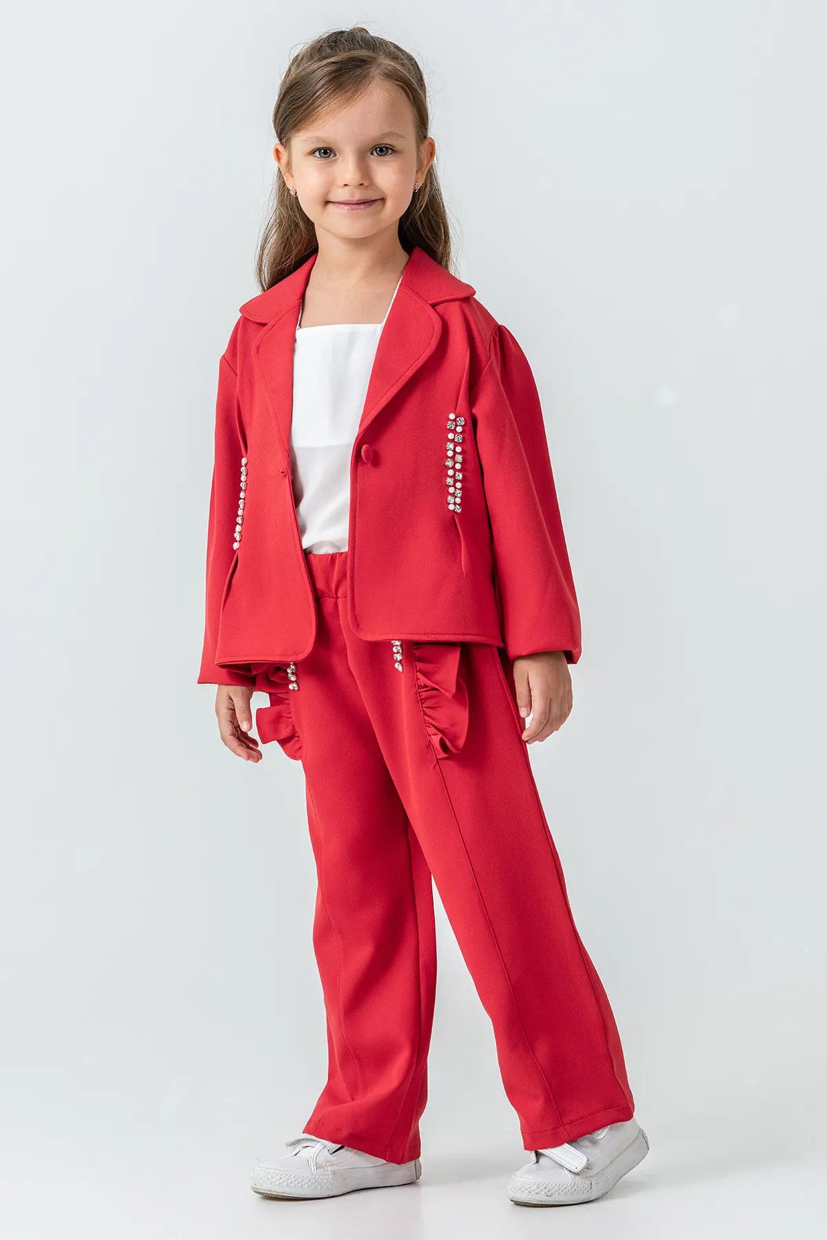 Miniğimin Cicileri Taşlı Ceketli 3 lü Kız Çocuk Takım - Kırmızı