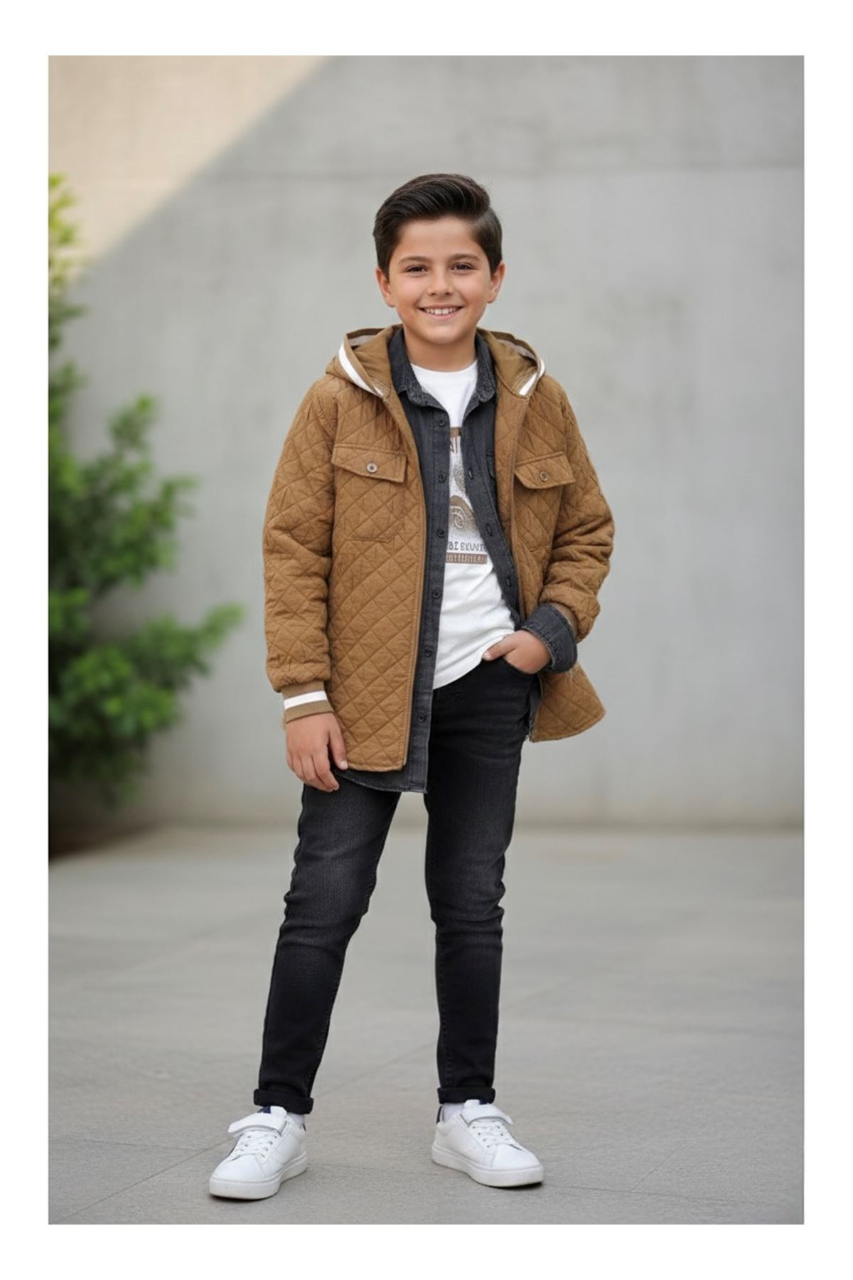 Miniğimin Cicileri (9-12) Kapitone İşlemeli Kapüşonlu Erkek Çocuk 4 lü Takım - Açık Kahve
