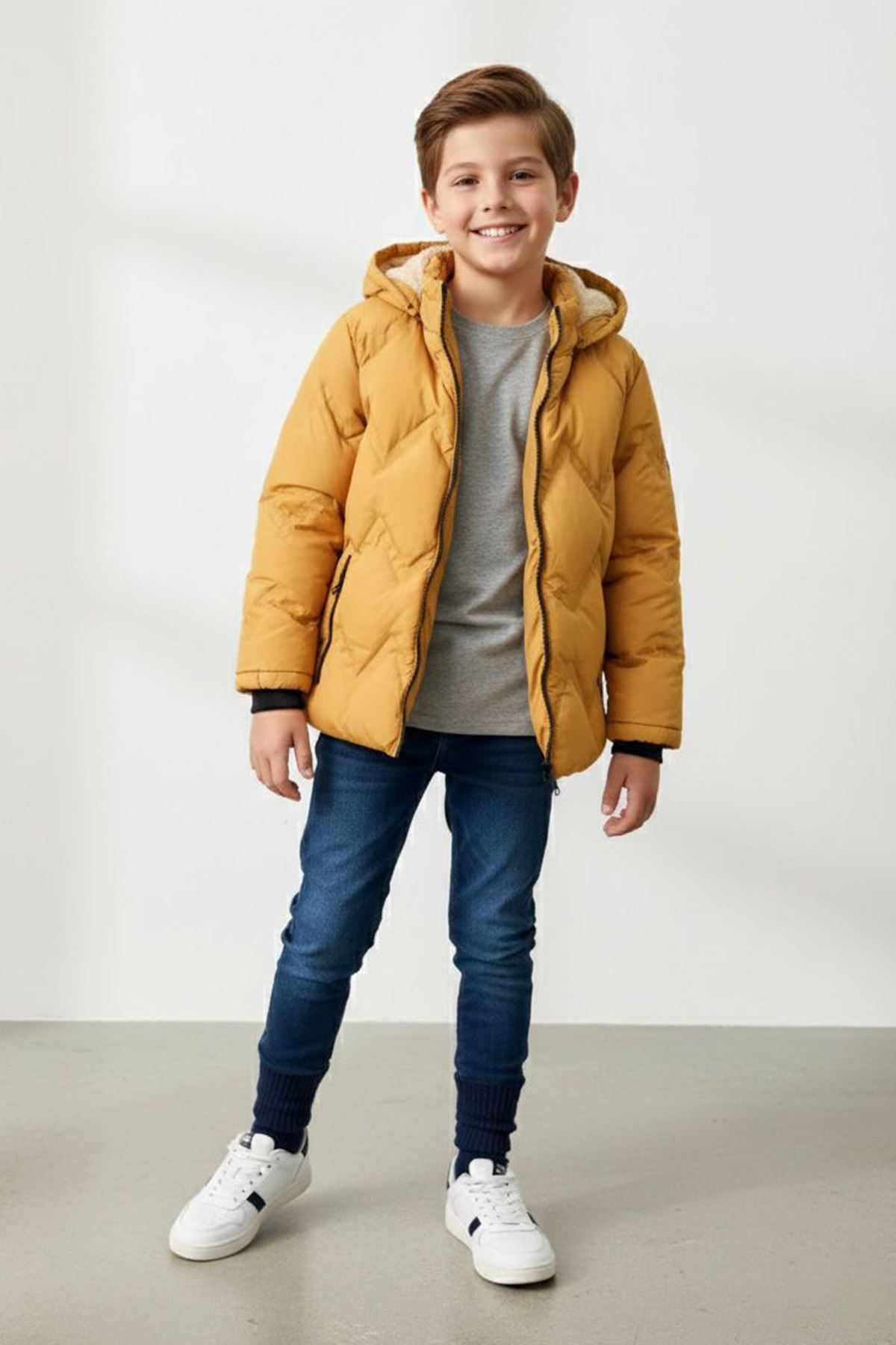 Miniğimin Cicileri İçi Kürklü Kışlık Erkek Çocuk Mont - Hardal