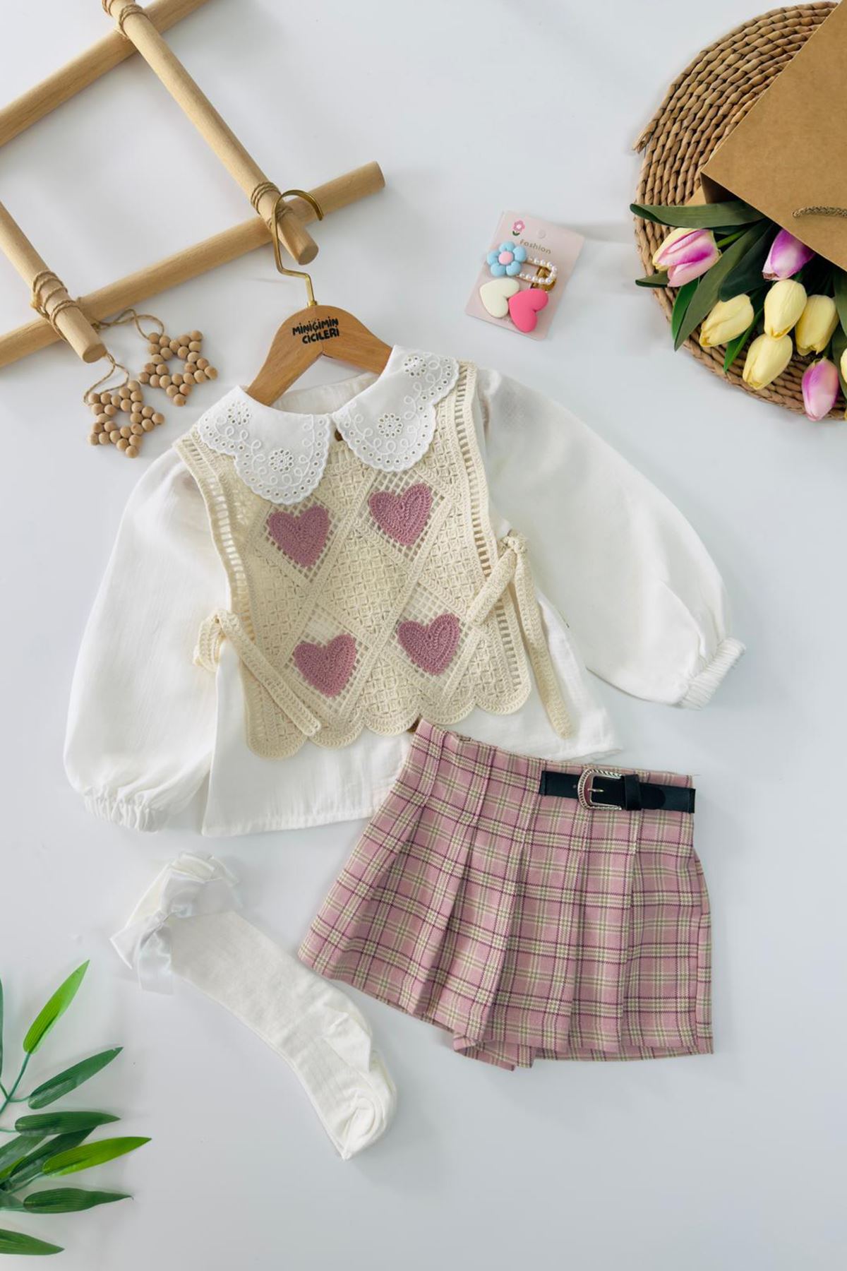 Miniğimin Cicileri Kalp Örgü Desenli Ekose Şort Etekli Kız Çocuk 4 lü Takım - Gül Kurusu