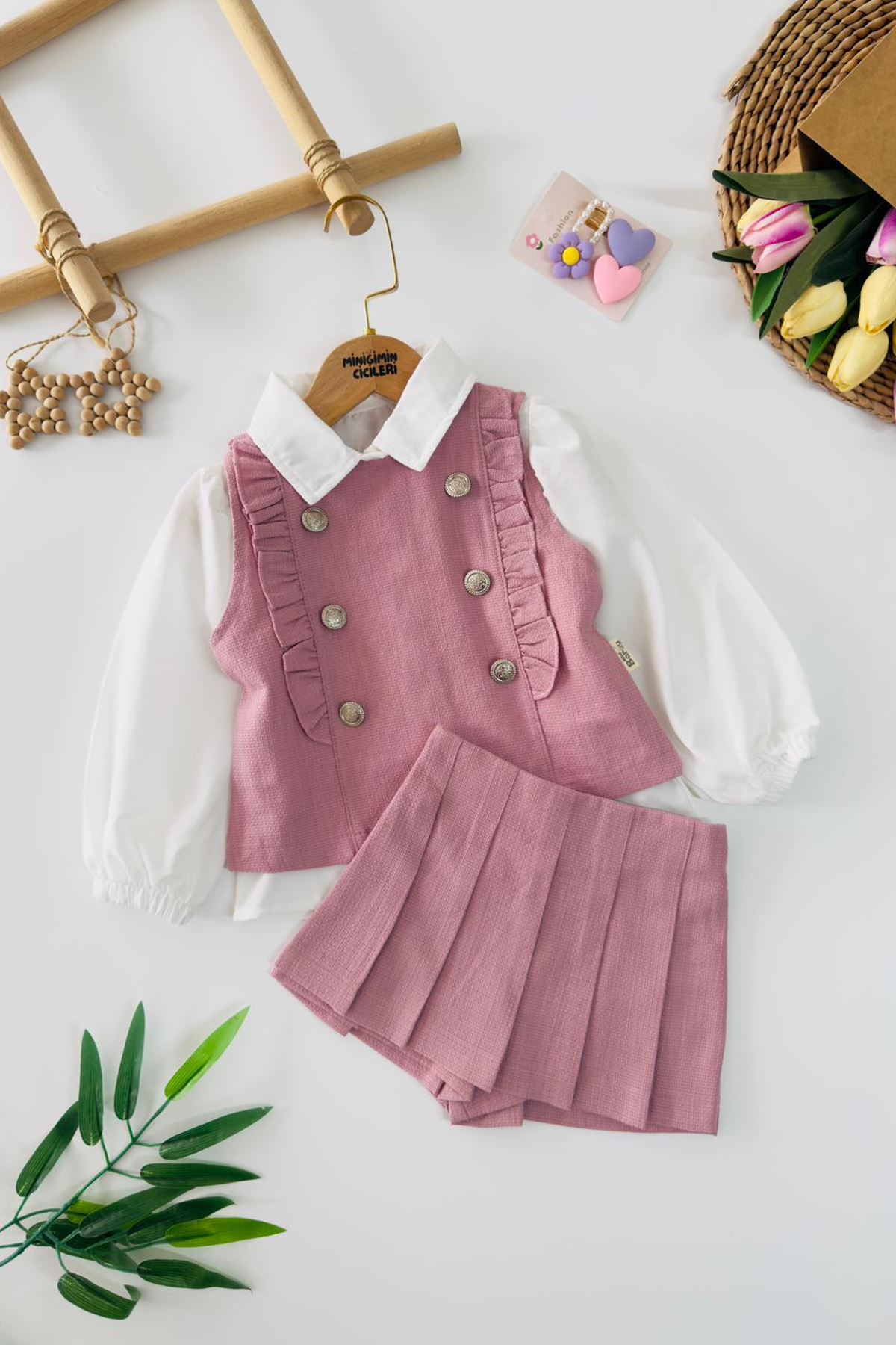 Miniğimin Cicileri Vintage Fırfır Detaylı Yelekli Pileli Etekli Kız Çocuk 3’lü Takım - Gül Kurusu