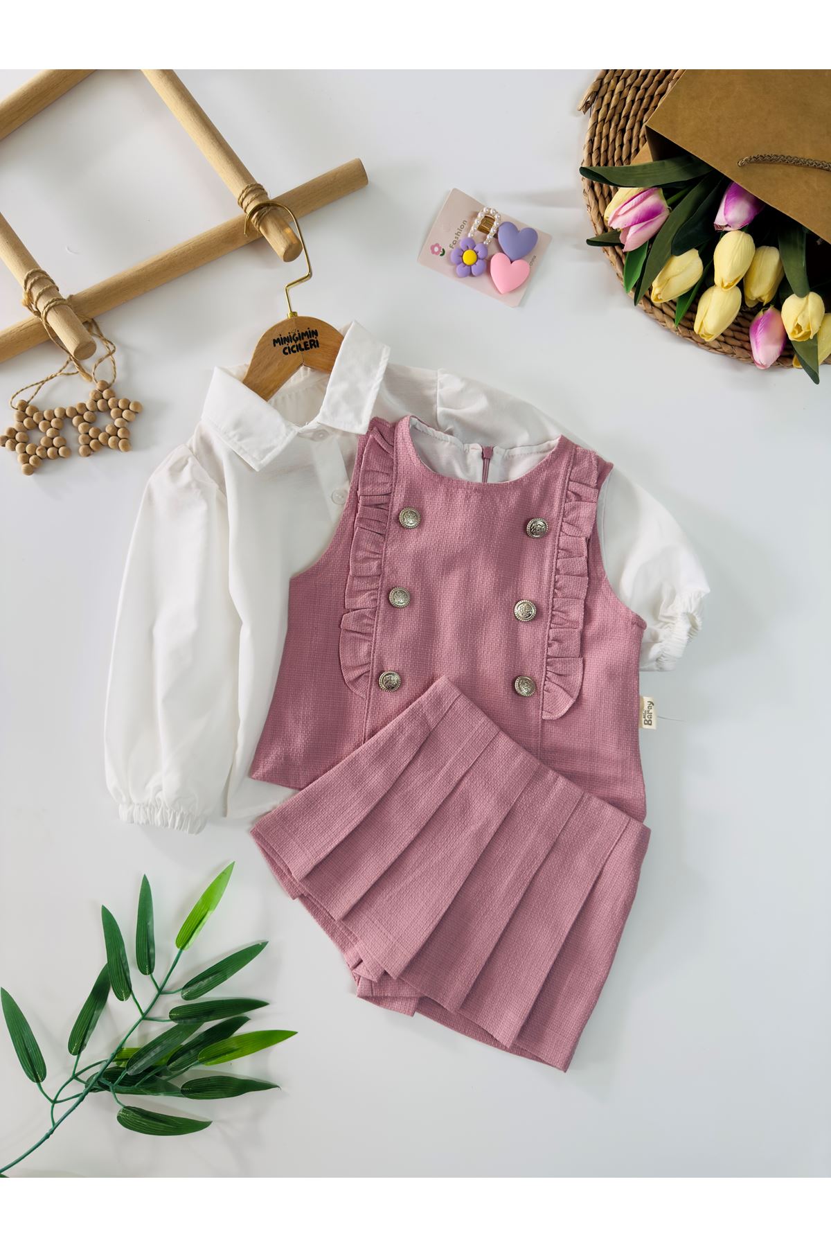 Miniğimin Cicileri Vintage Fırfır Detaylı Yelekli Pileli Etekli Kız Çocuk 3’lü Takım - Gül Kurusu