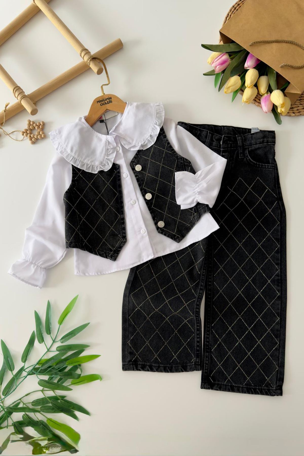 Miniğimin Cicileri Kot Taşlı Yelekli 3 lü Kız Çocuk Takım - Siyah