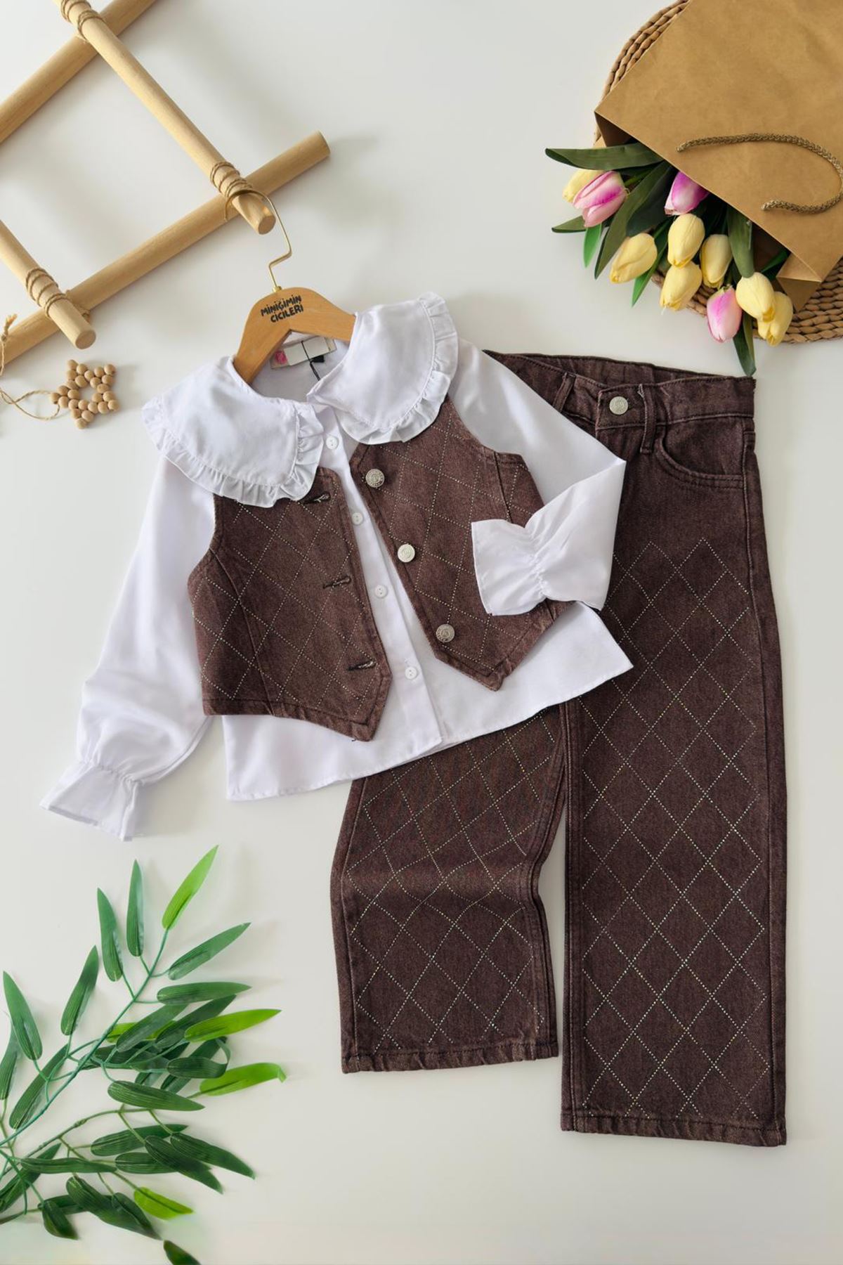 Miniğimin Cicileri Kot Taşlı Yelekli 3 lü Kız Çocuk Takım - Kahverengi