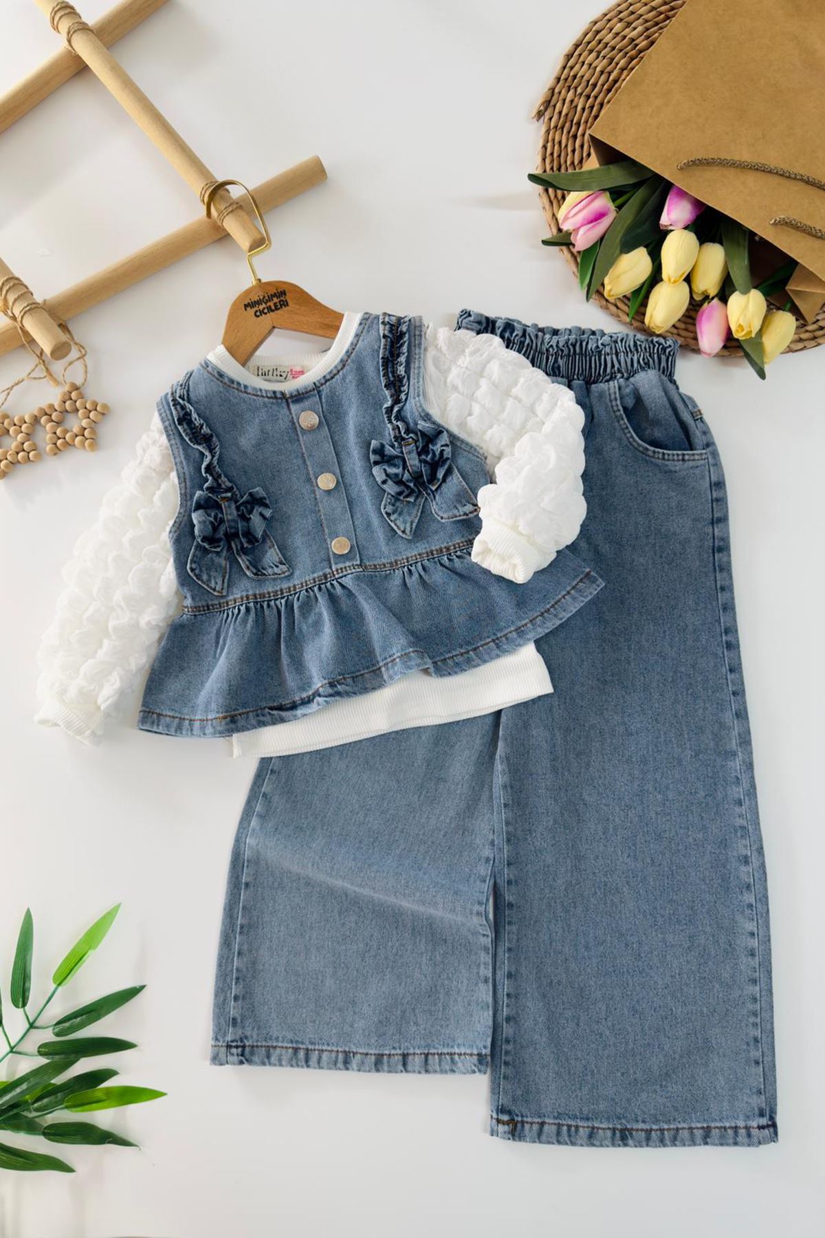Miniğimin Cicileri Fiyonk Detaylı Kot 3 lü Kız Çocuk Takım - Mavi