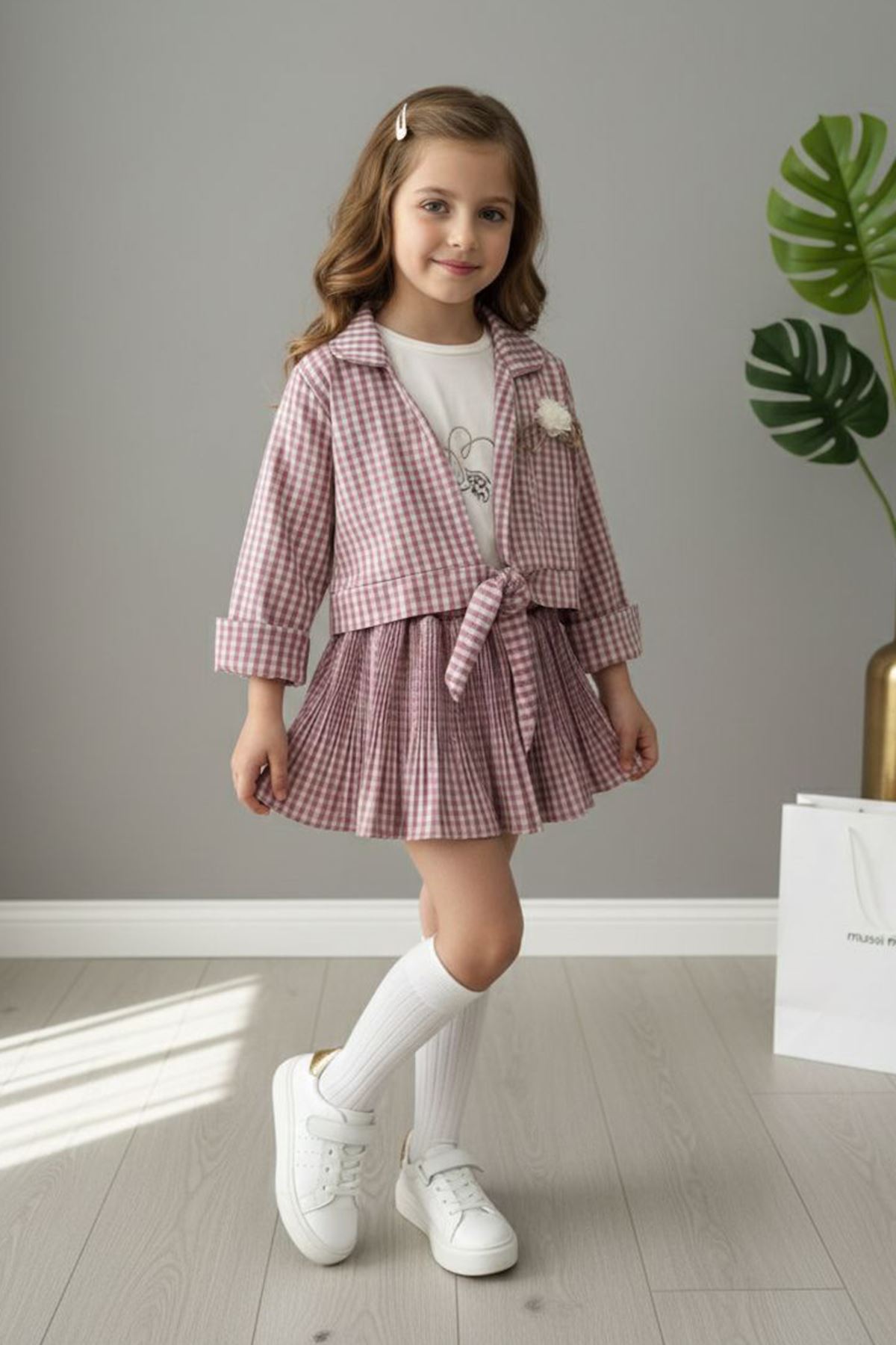 Miniğimin Cicileri Ekose Desenli Çiçek Broş Detaylı Gömlekli 3’lü Kız Çocuk Etek Takım - Mor