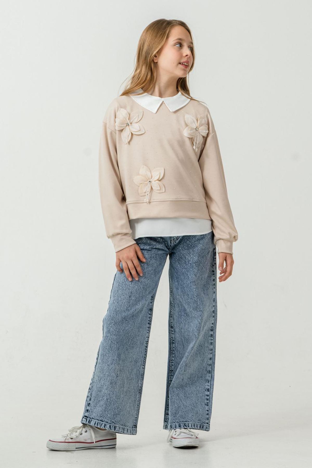 Miniğimin Cicileri (8-12 yaş) İncili Çiçek Aplikeli Yaka Detaylı Taşlı Kız Çocuk 3 lü Takım - Bej