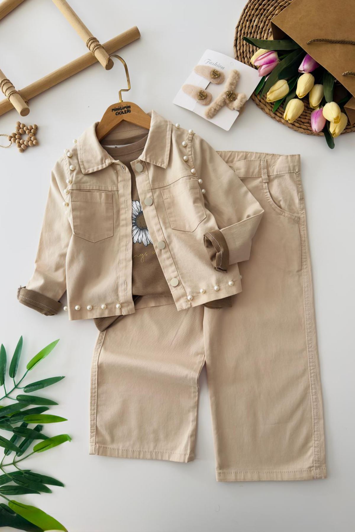 Miniğimin Cicileri Papatya Baskılı Taş Detaylo 3 lü Kız Çocuk Takım - Bej